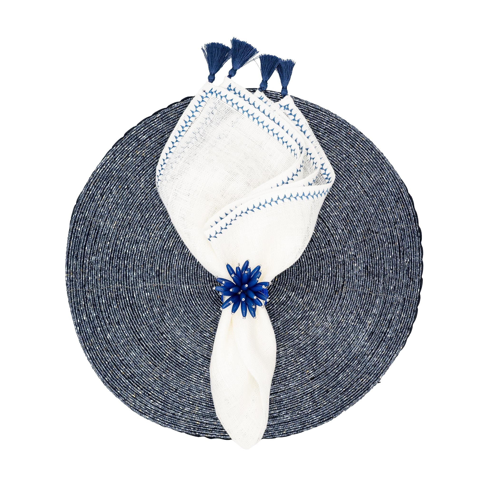 Navy glass beaded placemats, hand made with shiny microbeads to create a stunning and sophisticated tabletop experience.