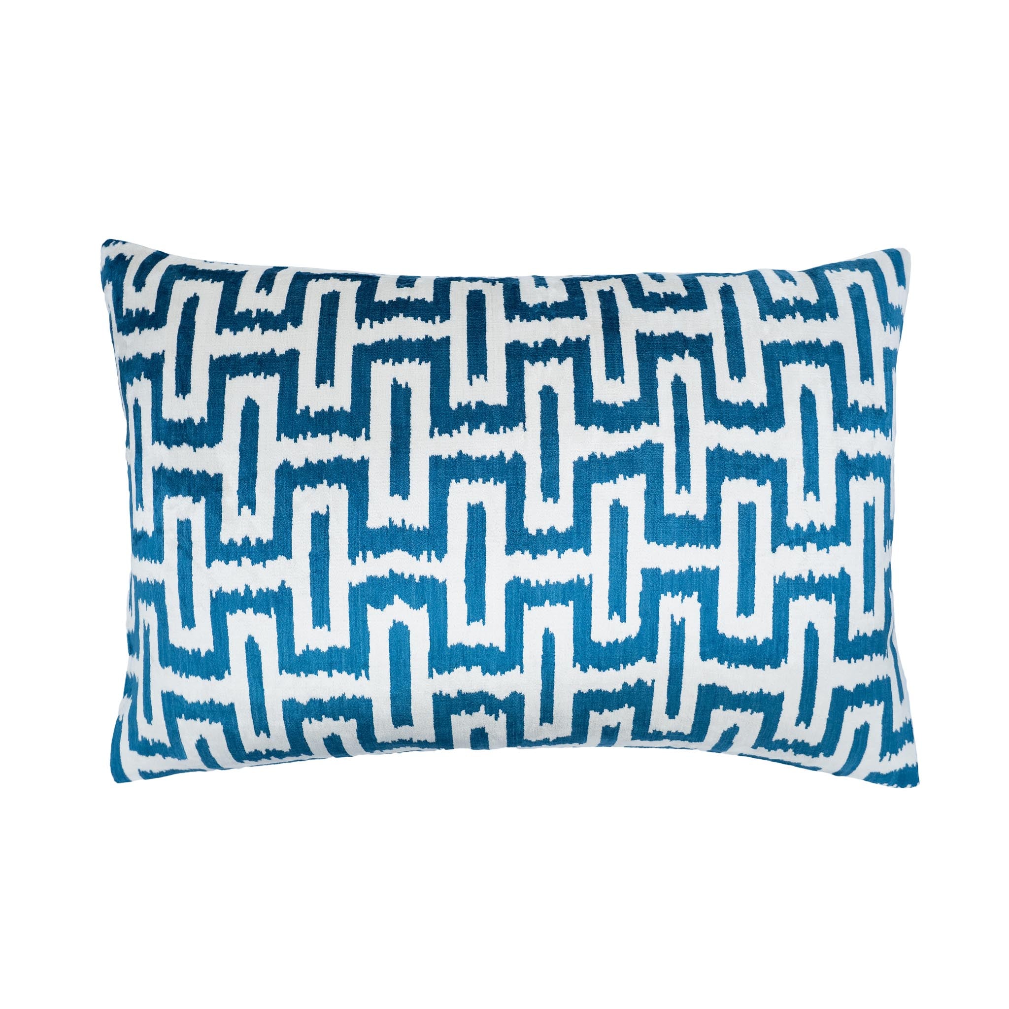 Omega Blue silk velvet ikat pillow with geometric link pattern, 16x24 inch.