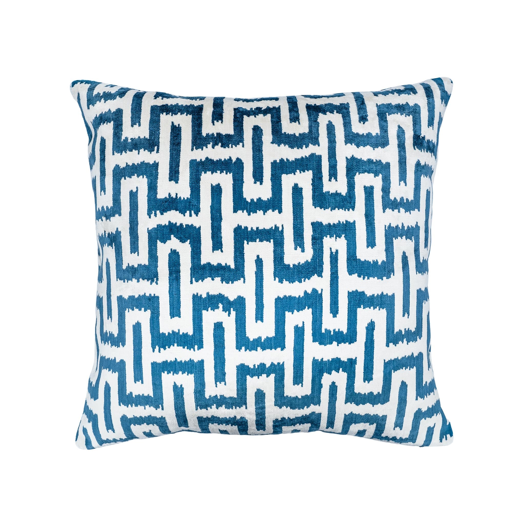 Omega Blue Silk Velvet Ikat Pillow featuring a geometric pattern in deep blue and white, 20x20 inches.