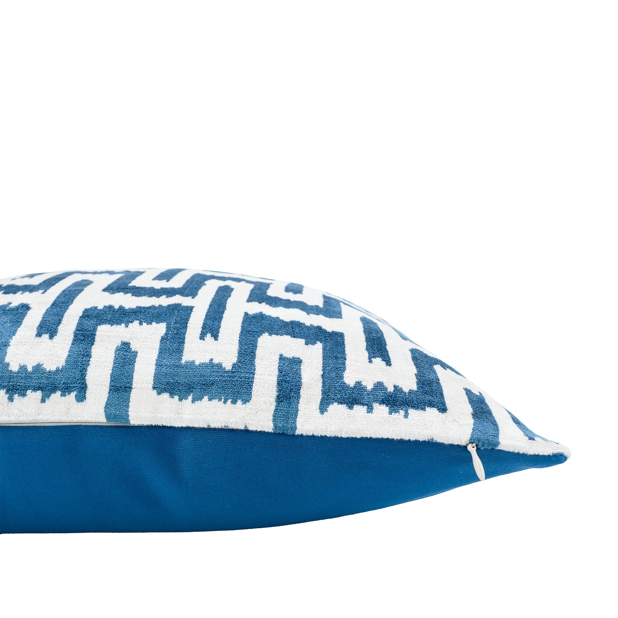 Luxurious silk velvet pillow with an intricate Omega Blue ikat design, 20-inch square.