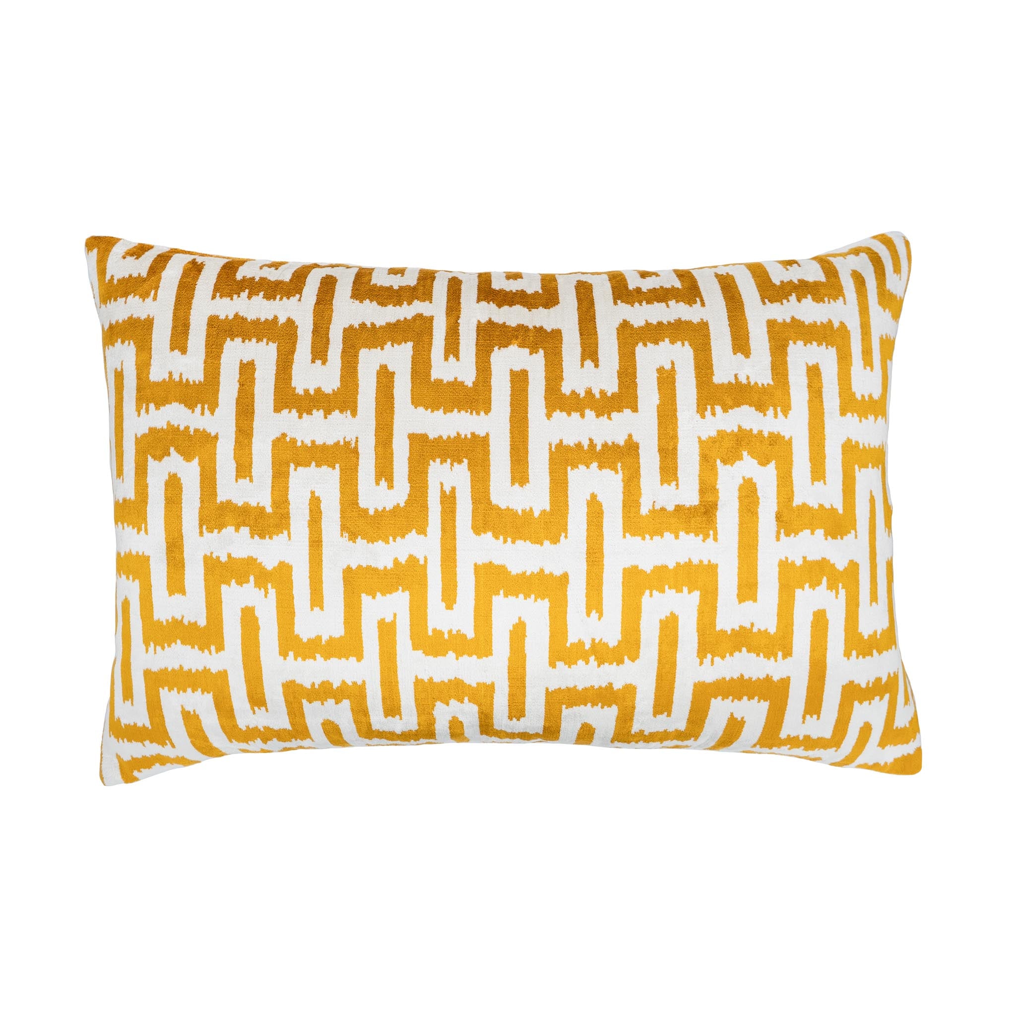 Omega Gold Silk Velvet Ikat Pillow featuring a geometric chain-like pattern in golden yellow and white, 16x24 inches.