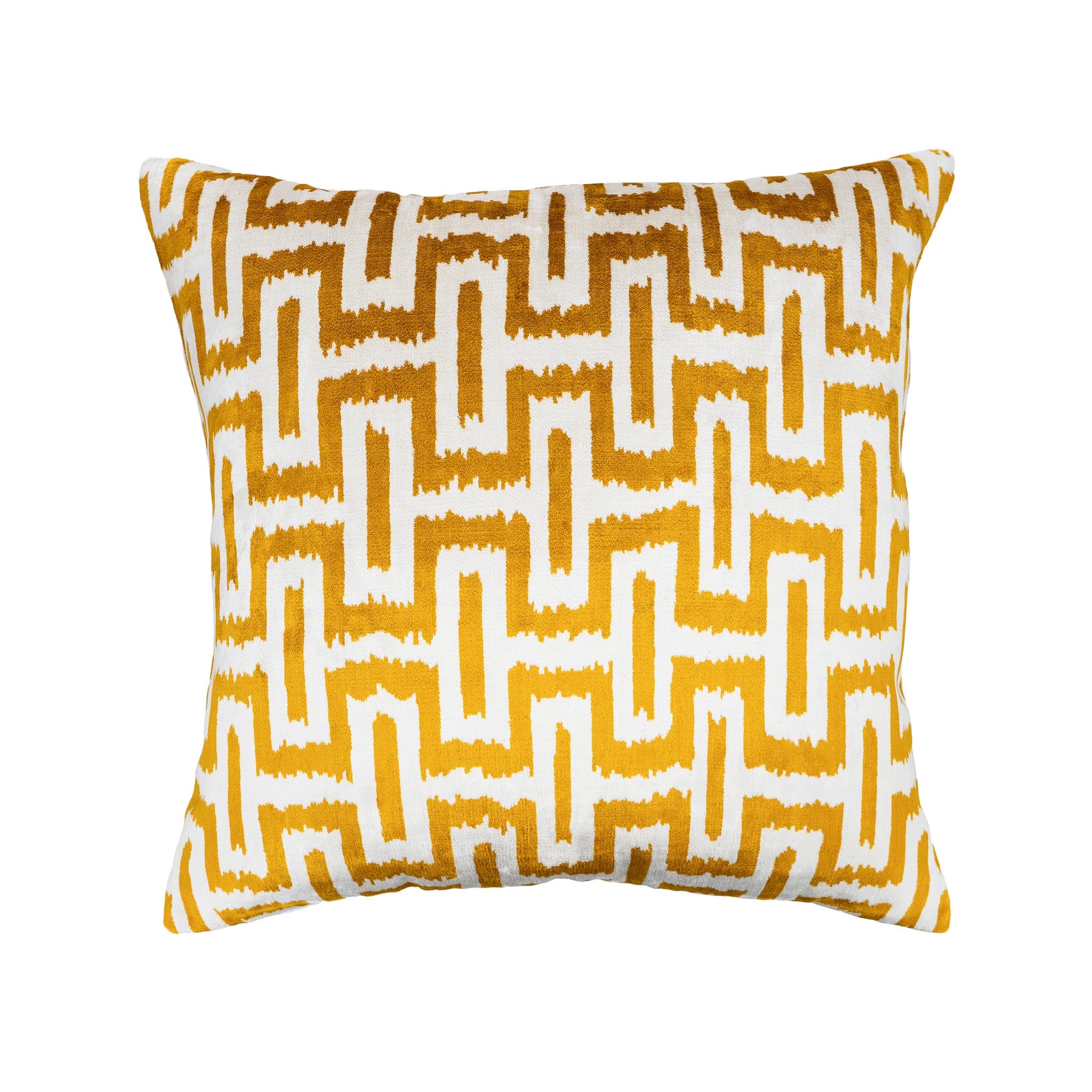 Omega Gold Silk Velvet Ikat Pillow featuring a bold yellow and white geometric design, 20x20 inches.