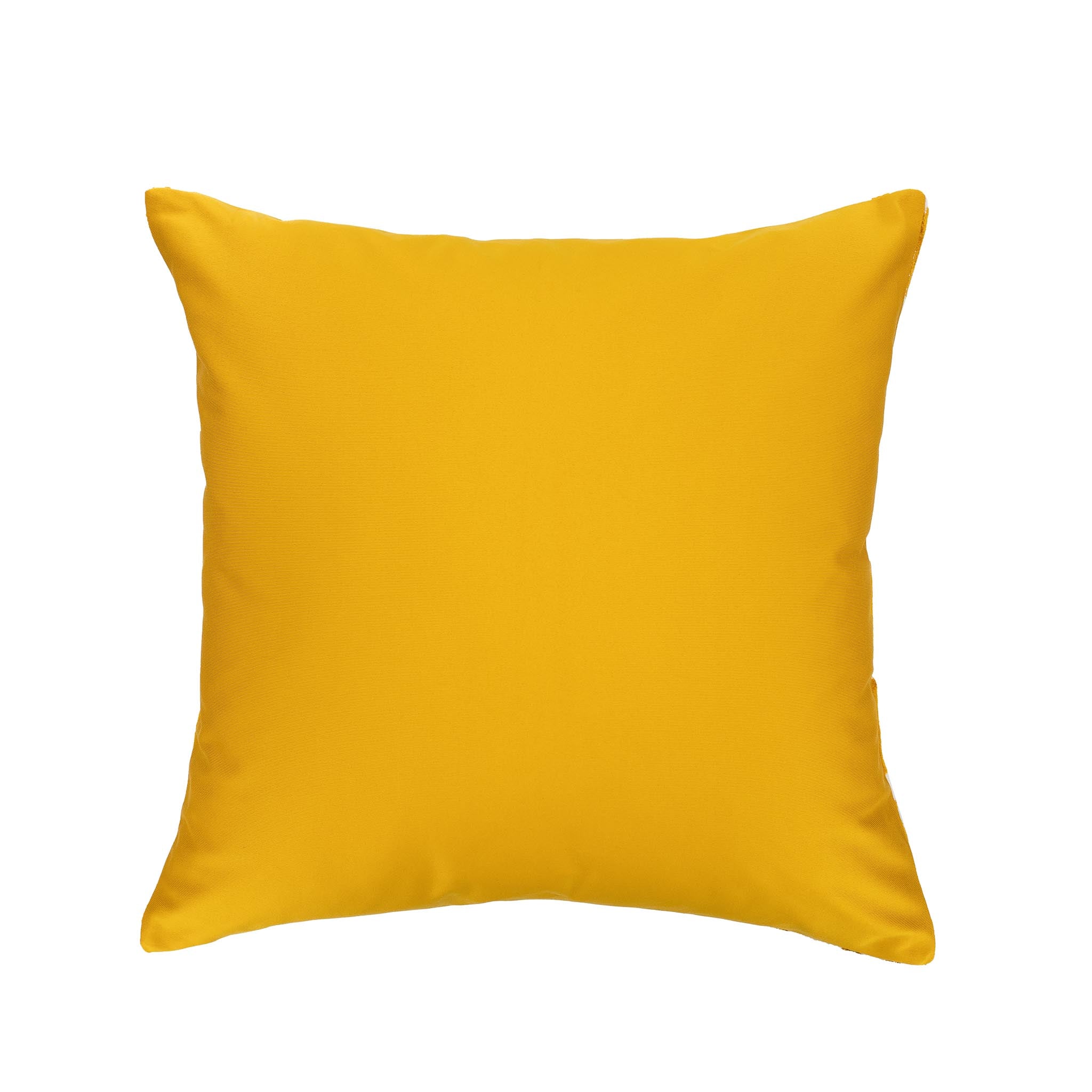 Decorative yellow and white silk velvet pillow with geometric details, 20-inch square.