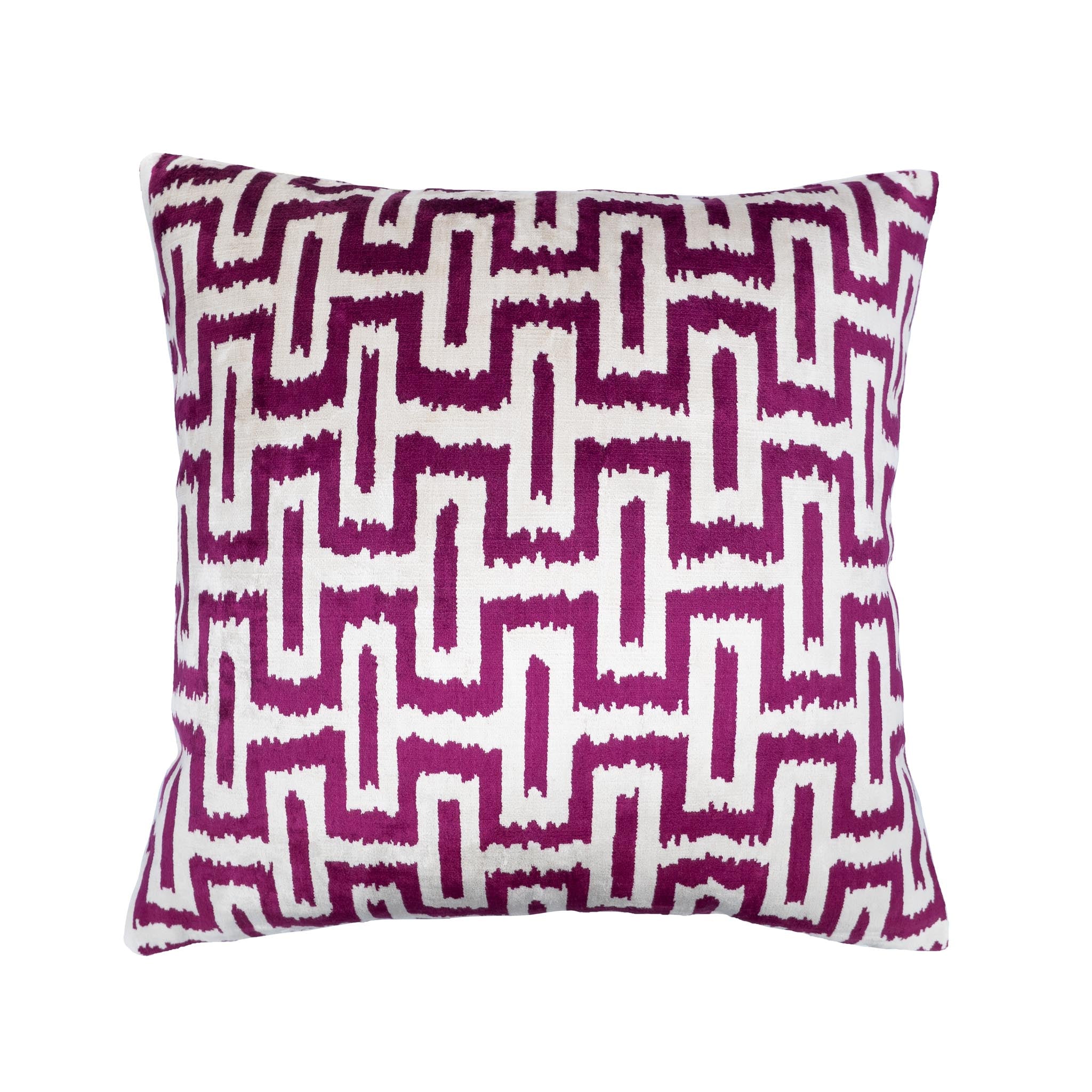 Omega Silk Velvet Ikat Pillow featuring a geometric magenta and white pattern, 20x20 inches.