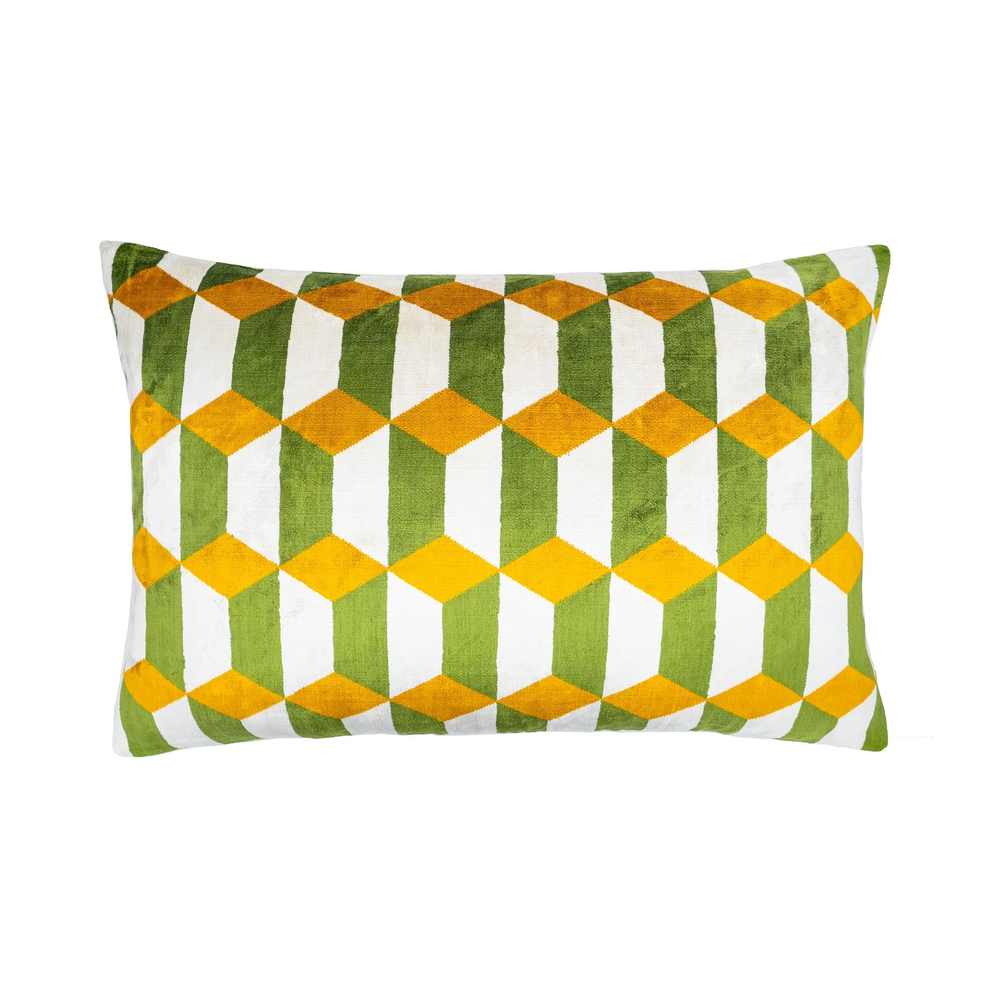 Green and orange silk velvet ikat pillow with diamond cube pattern, 16x24 inch.