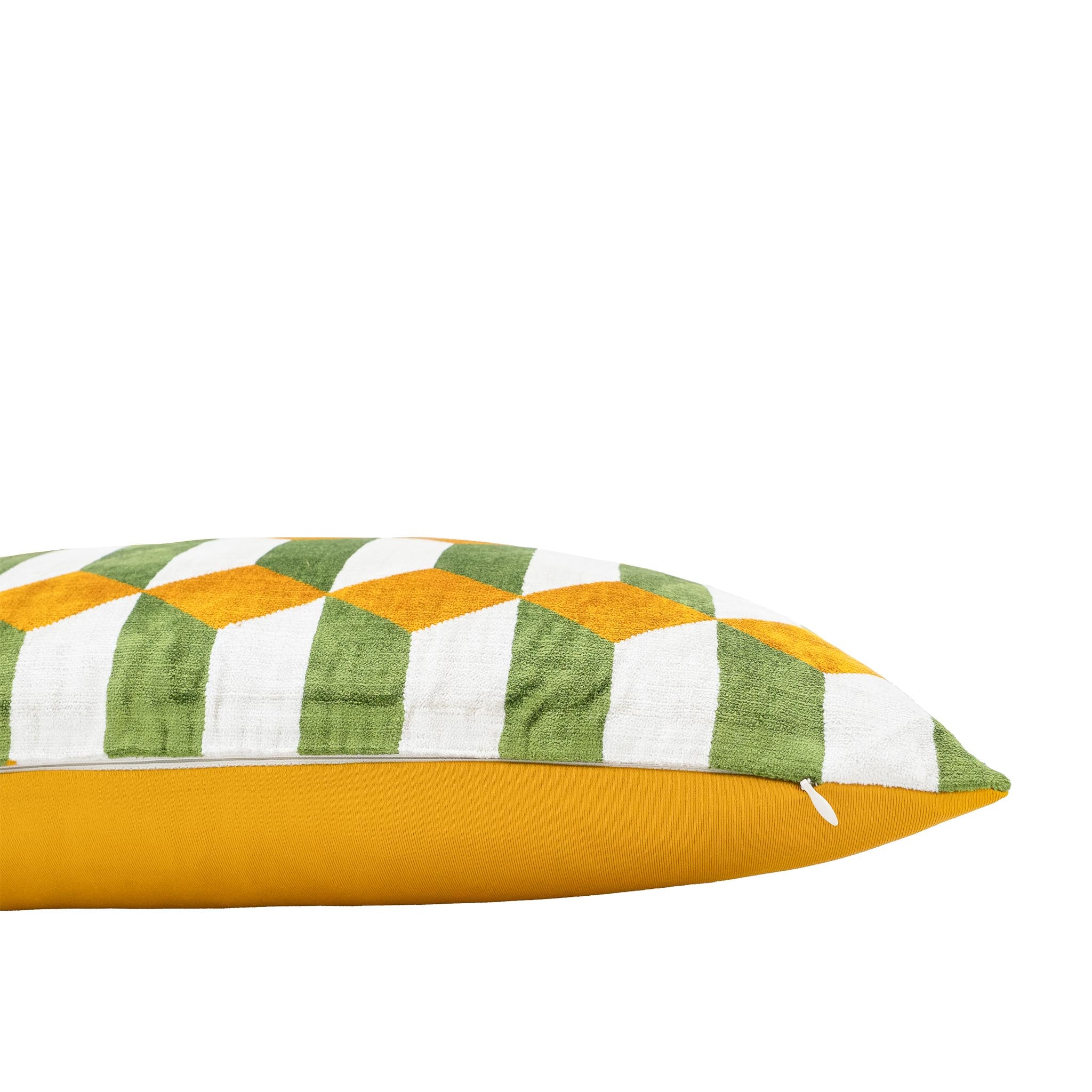 Chouchou Touch handmade velvet ikat pillow with orange and olive geometric design.