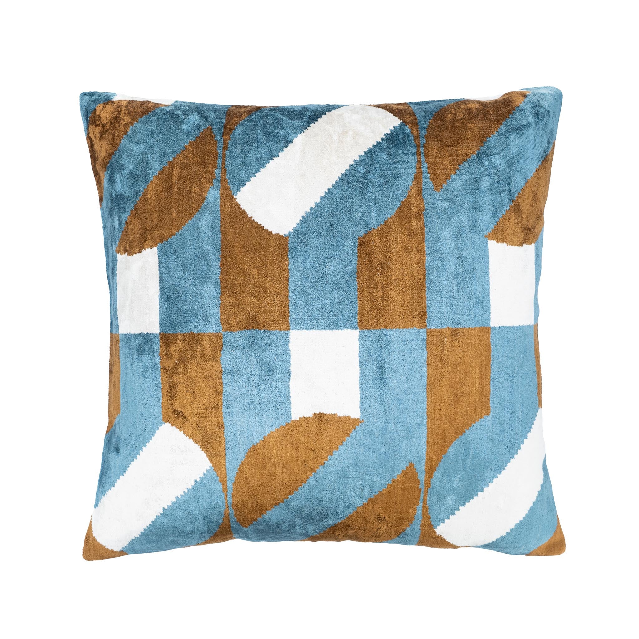 Handwoven silk velvet pillow with an organic ikat pattern in sky blue, warm brown, and crisp white.