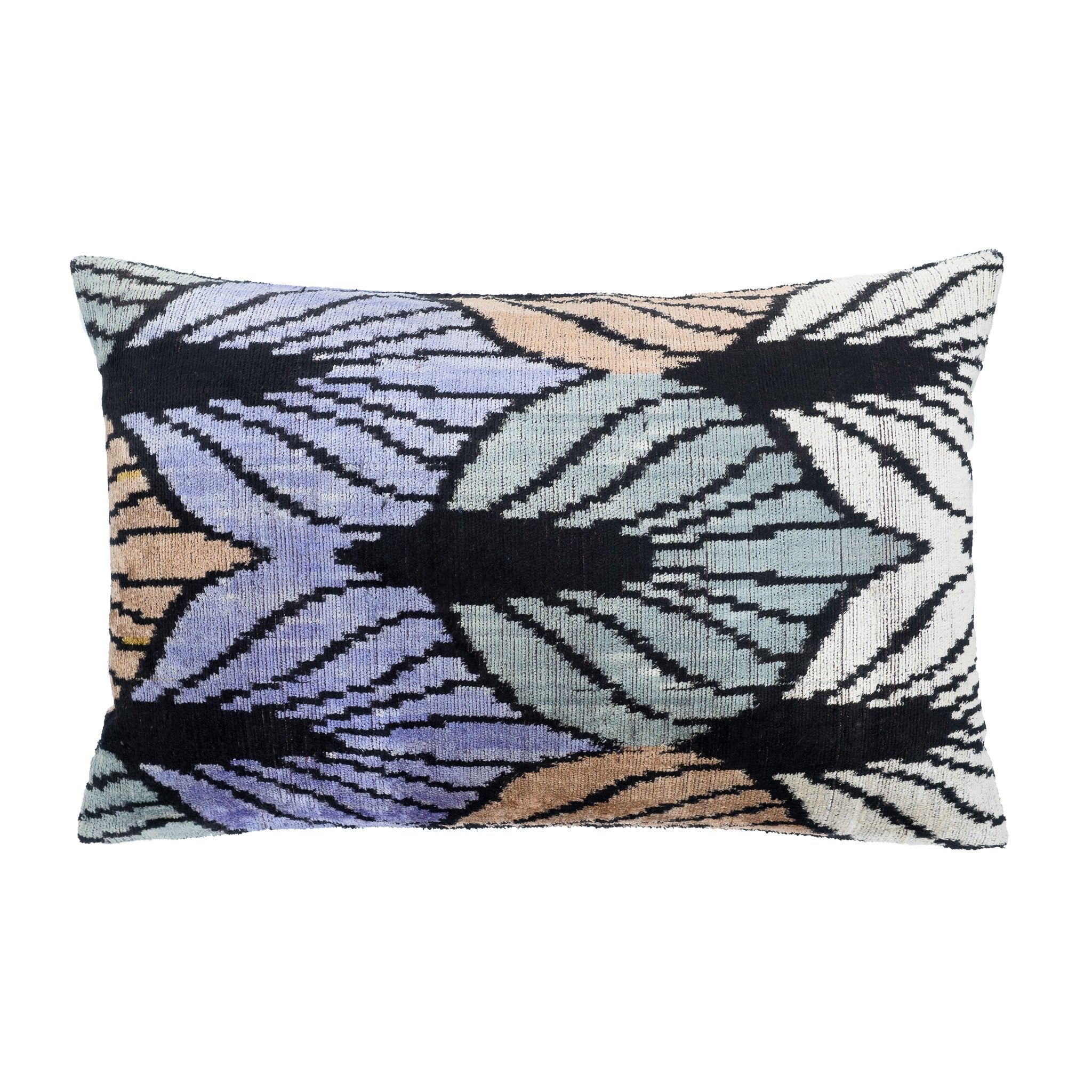 Sophisticated 16" x 24" Ikat pillow cover with smooth silk velvet textures and a minimalist linen back.
