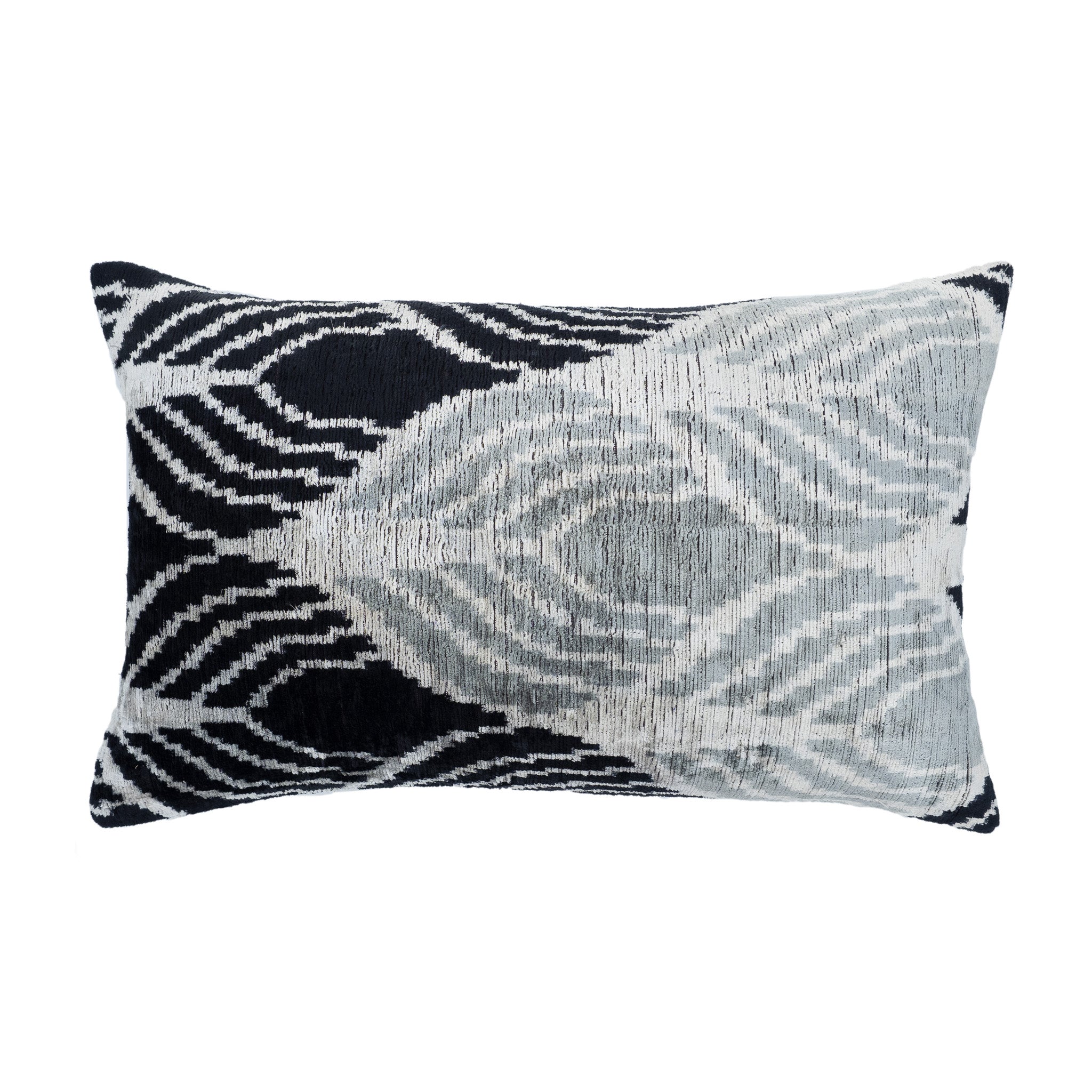 Palmetto Silk Velvet Ikat Pillow Cover featuring a black and gray abstract wave design.