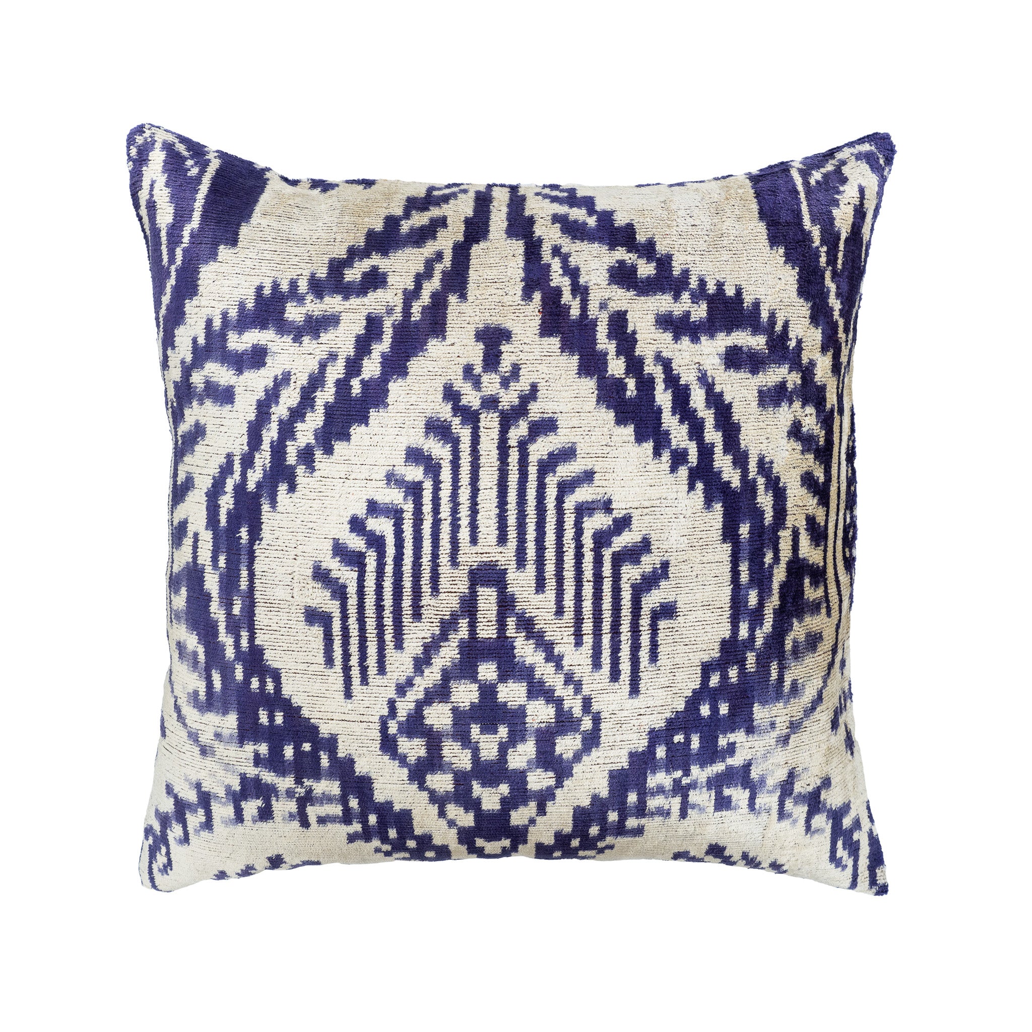 Palms Silk Velvet Ikat Pillow with deep indigo and ivory geometric design, 20x20 inches.