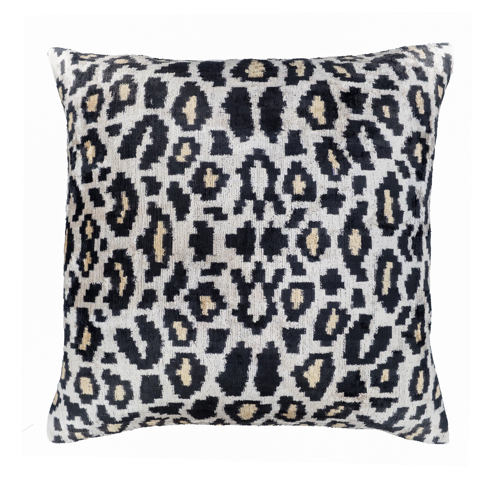 Panthere silk velvet ikat pillow in leopard pattern, 24x24 decorative case.