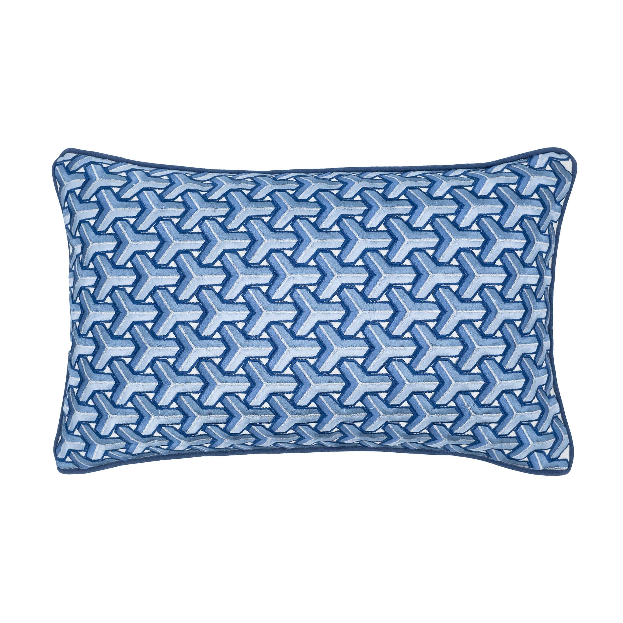 Rectangular blue throw pillow with hand-embroidered 3D geometric peace symbols.