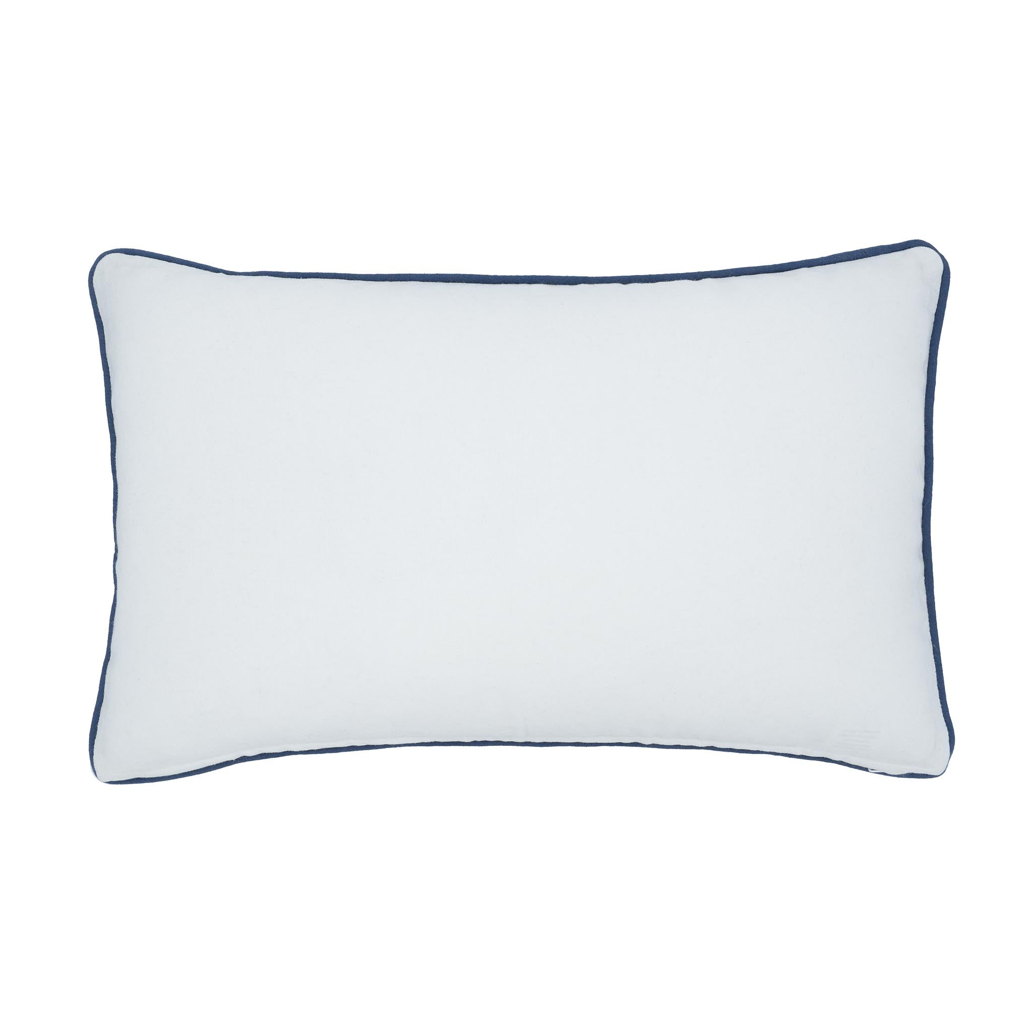 Artisan blue cotton pillow adorned with dimensional peace-inspired embroidery.