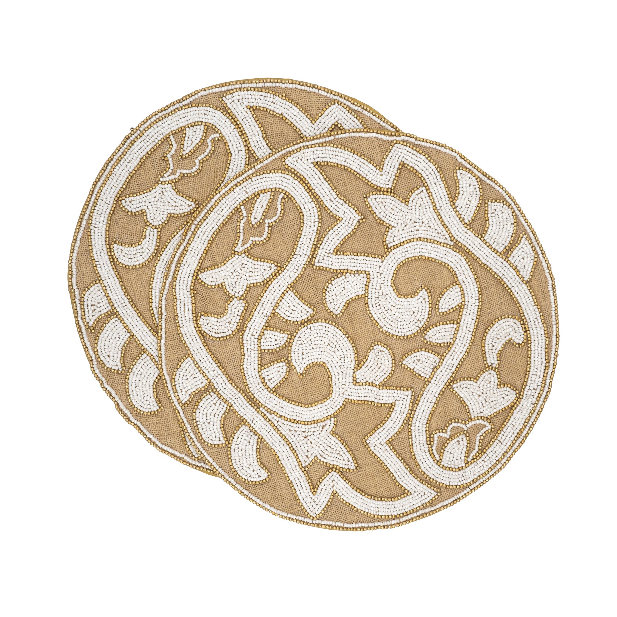 Durable Pisces placemats with gold and white glass bead designs, machine washable for easy maintenance.