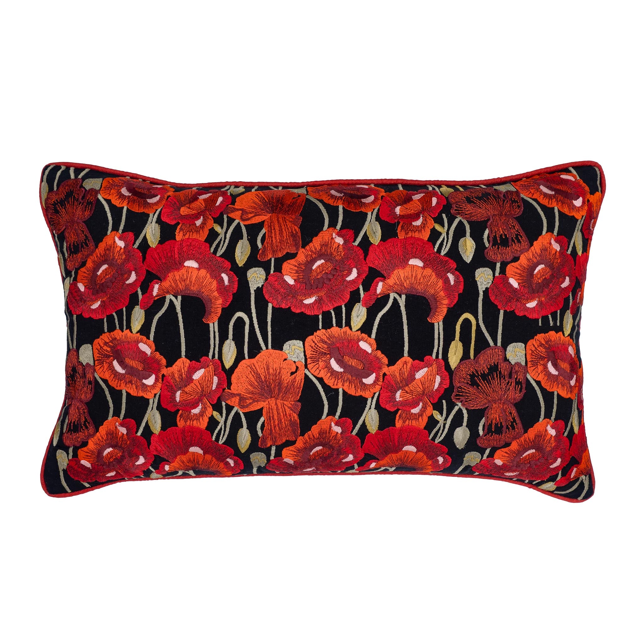 Poppies Black Throw Pillow, 12" x 20", featuring luxurious hand embroidery on a black linen base, with vibrant red poppies adding color and style.