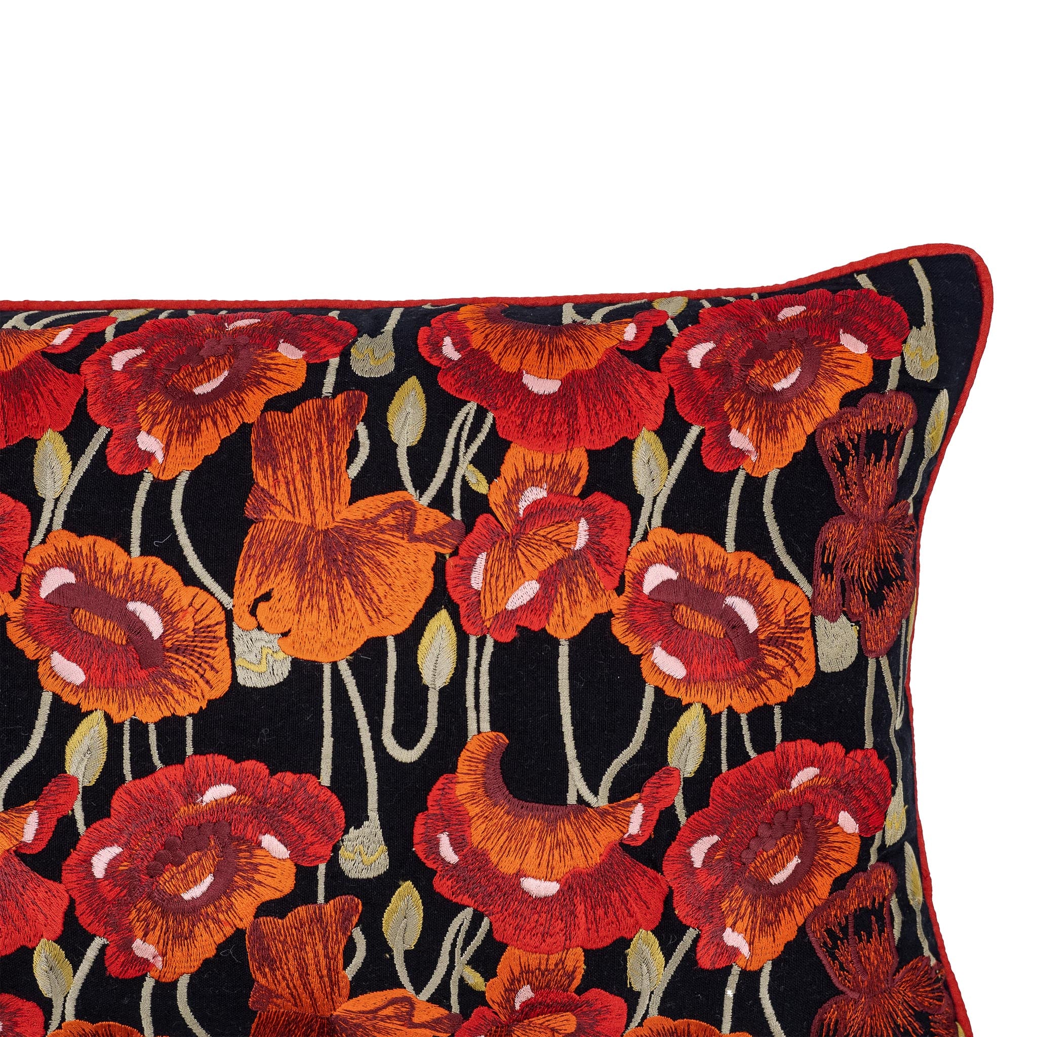 Chouchou Touch throw pillow, 12" x 20", with hand embroidered red poppies on black fabric, expertly crafted to enhance your living room or bedroom.