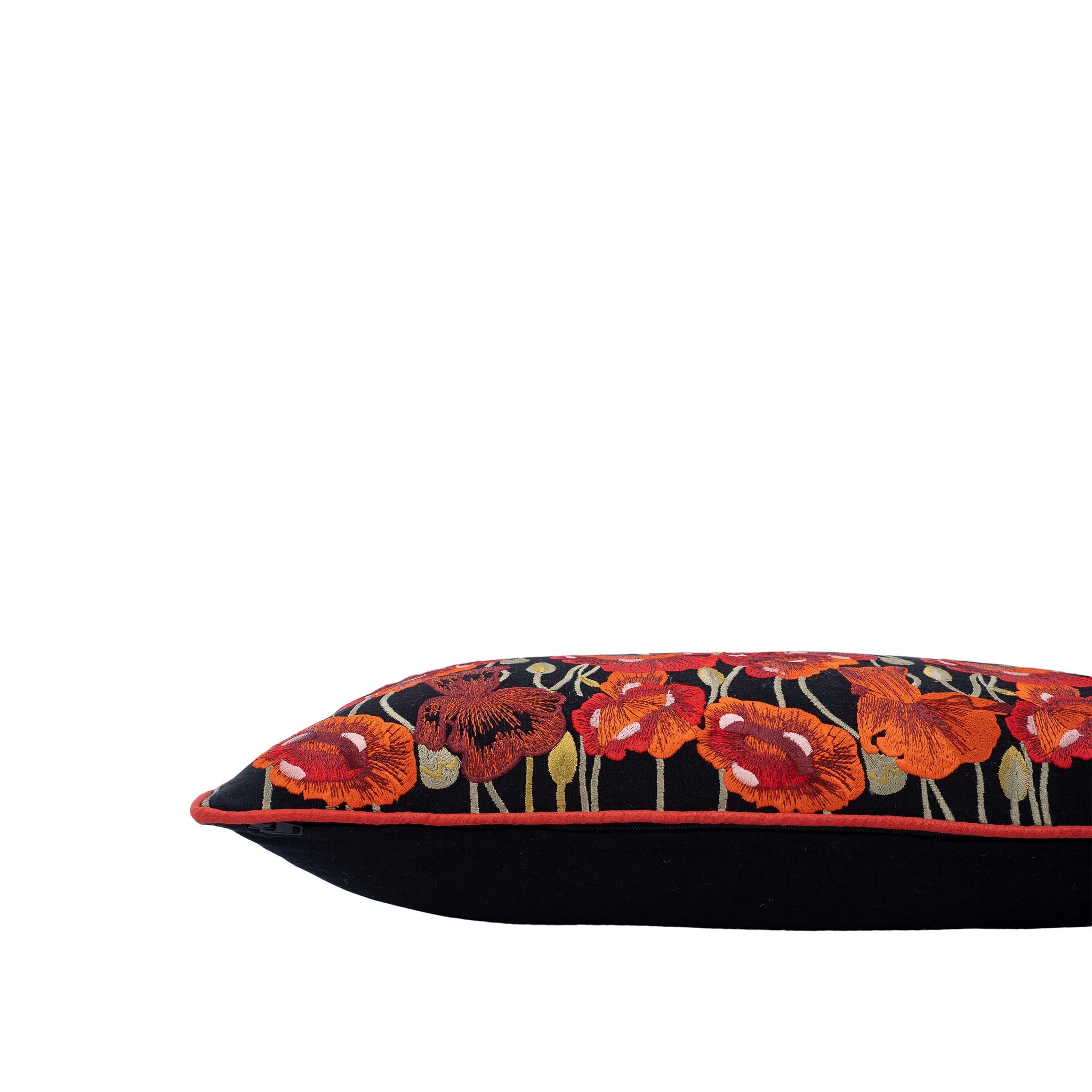 12" x 20" Poppies Black Throw Pillow, crafted from linen and cotton, with hand embroidered red poppies for a refined and timeless aesthetic.