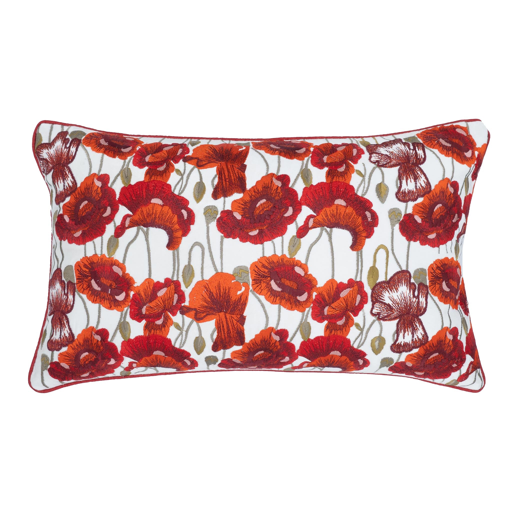 Poppies White Throw Pillow, 12" x 20", with delicate hand embroidery of red poppies on a white linen base, offering timeless beauty.