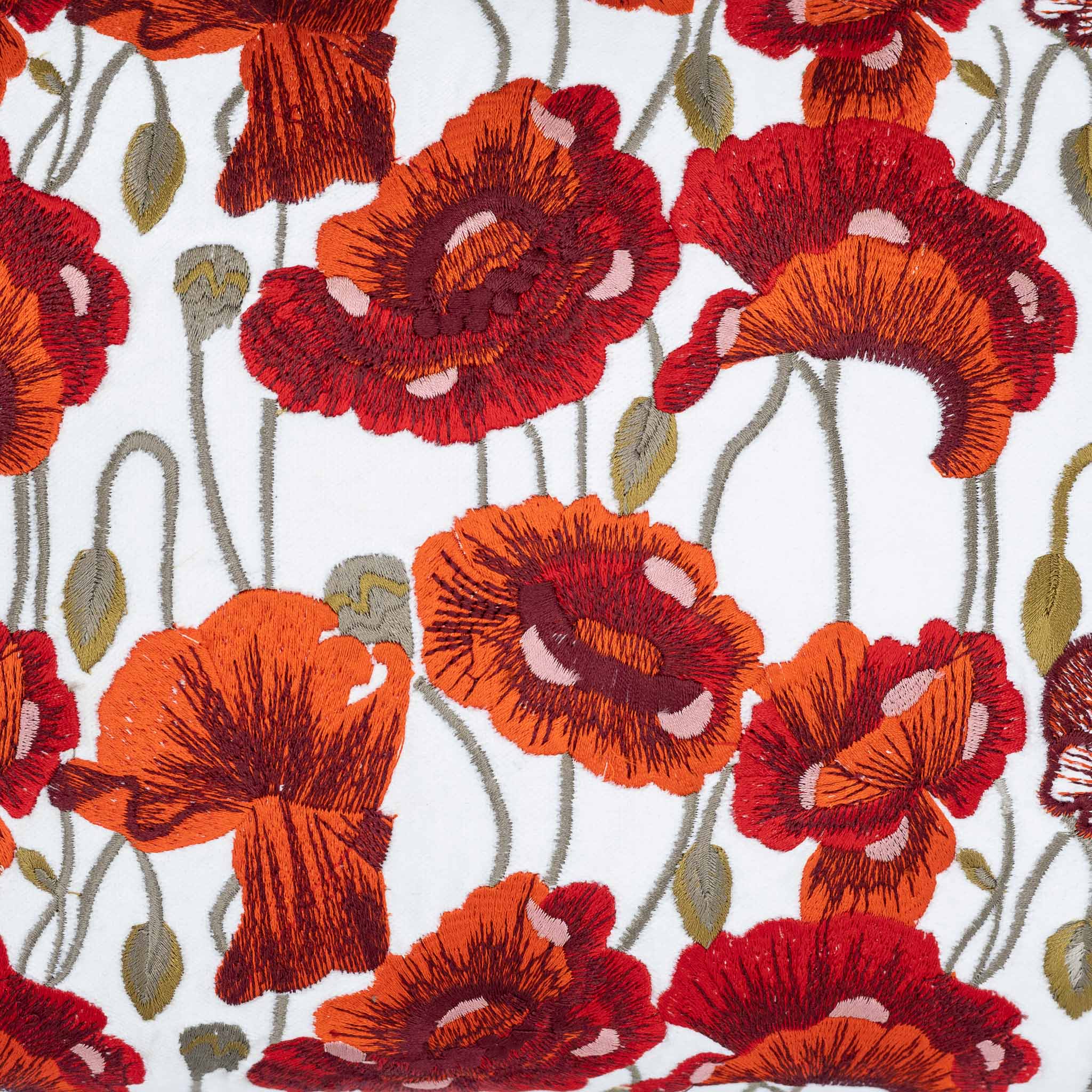 Elegant Poppies White Throw Pillow, 12" x 20", featuring hand embroidered red poppies, crafted from linen and cotton for a refined look.