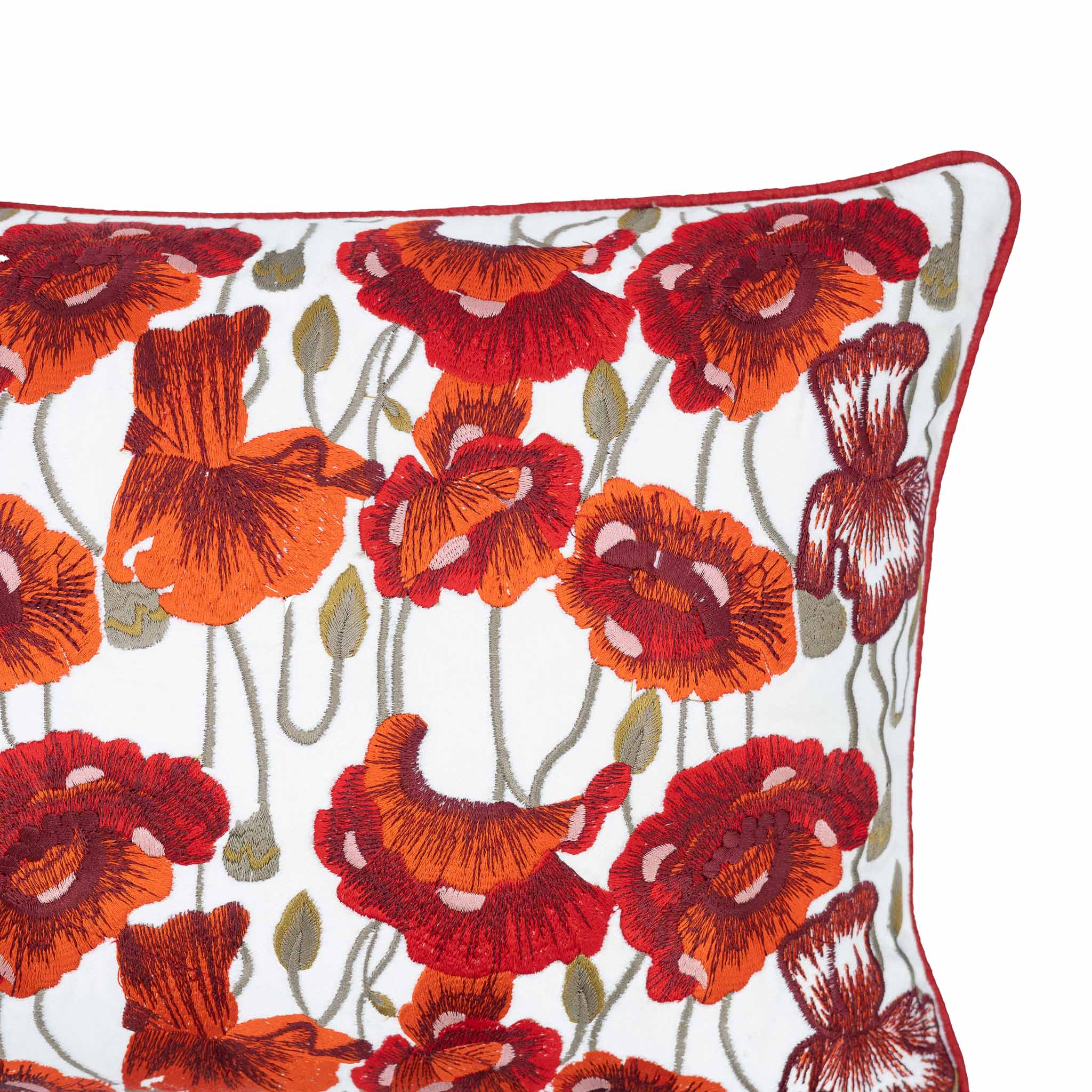 Chouchou Touch 12" x 20" throw pillow with red hand embroidered poppies on white linen, designed to bring luxury and style to your interiors.