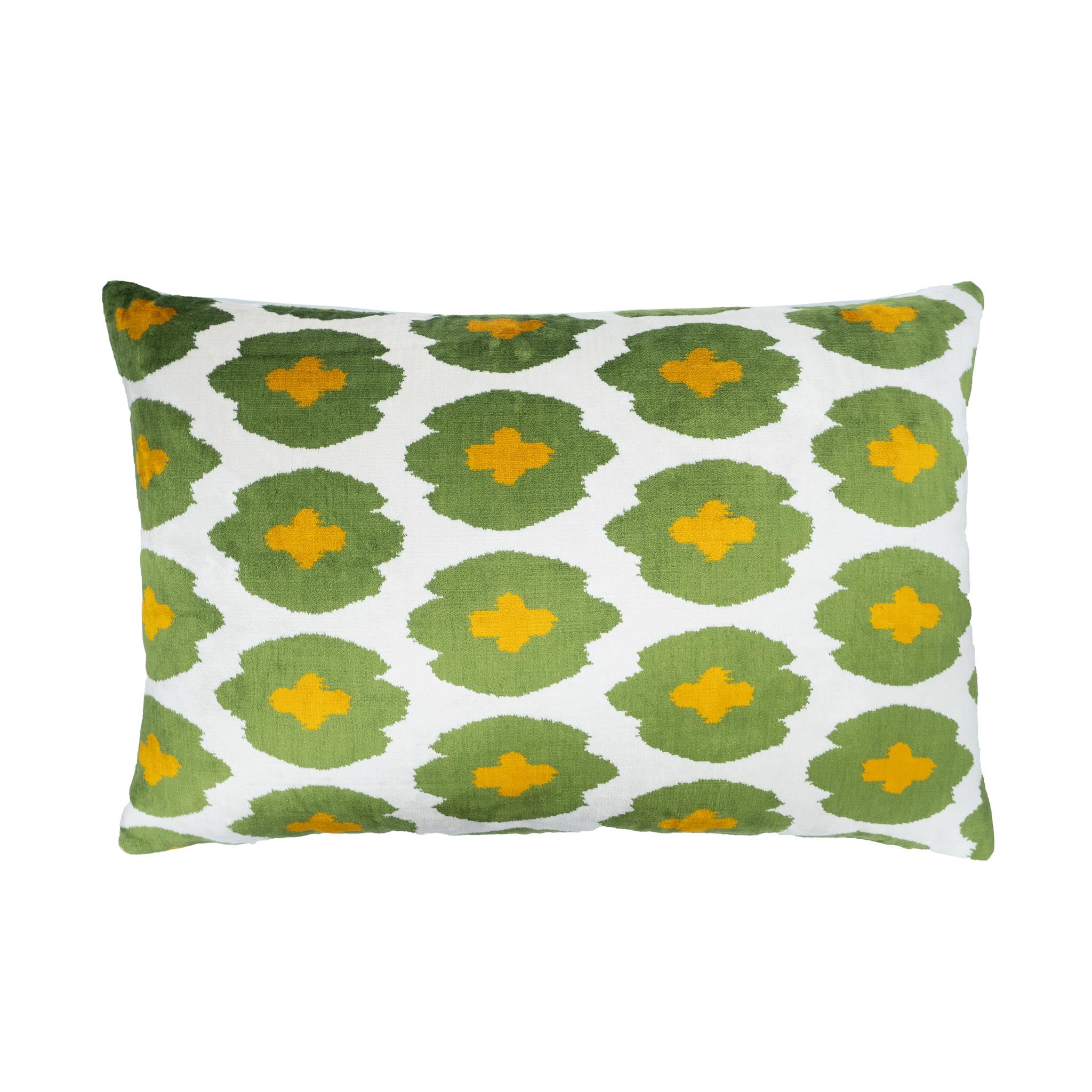 Positivity silk velvet ikat pillow in green and yellow circular pattern, 16x24.