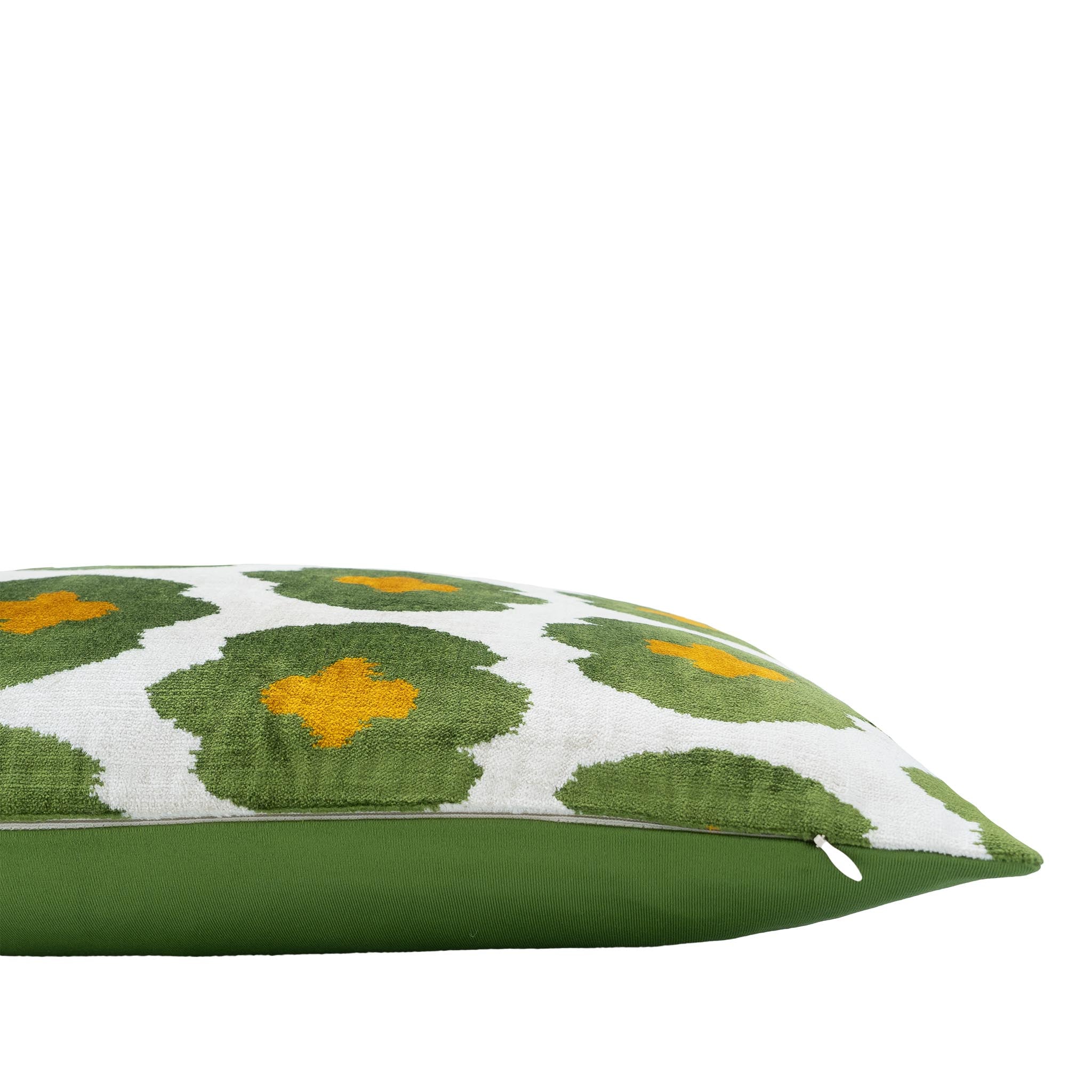 Chouchou Touch 100% silk velvet pillow with handwoven green medallion ikat design.