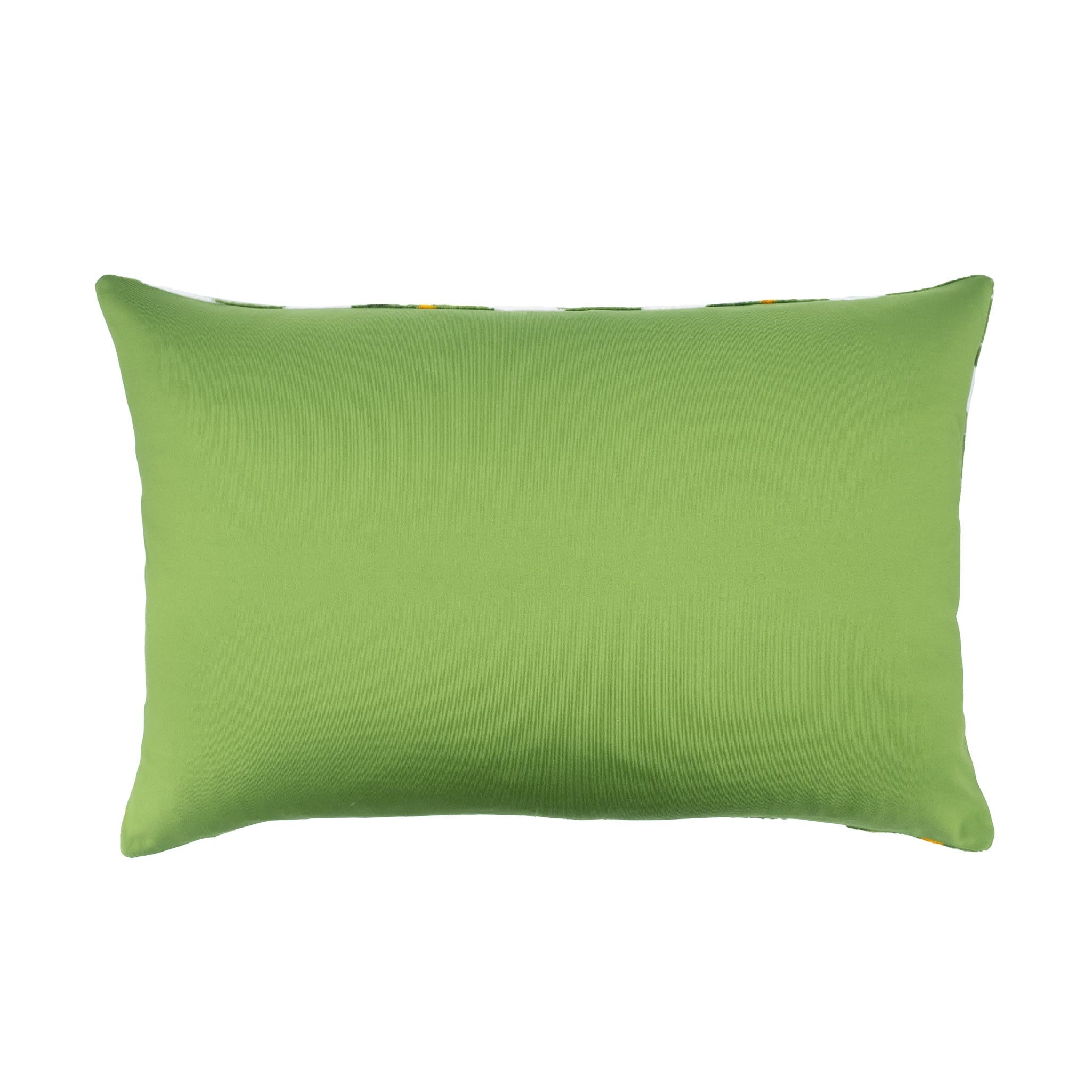 Green and mustard ikat pillow cover with bold geometric positivity motif.