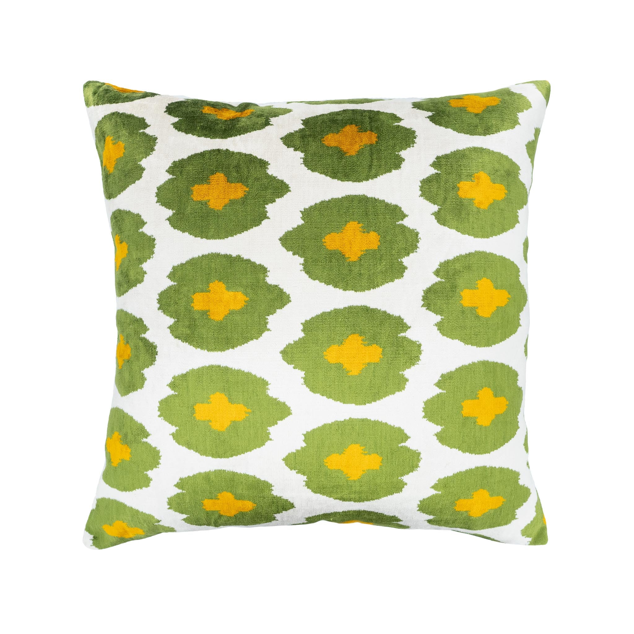 Soft and smooth ikat pillow cover with geometric green and yellow circles, perfect for a 20-inch insert.
