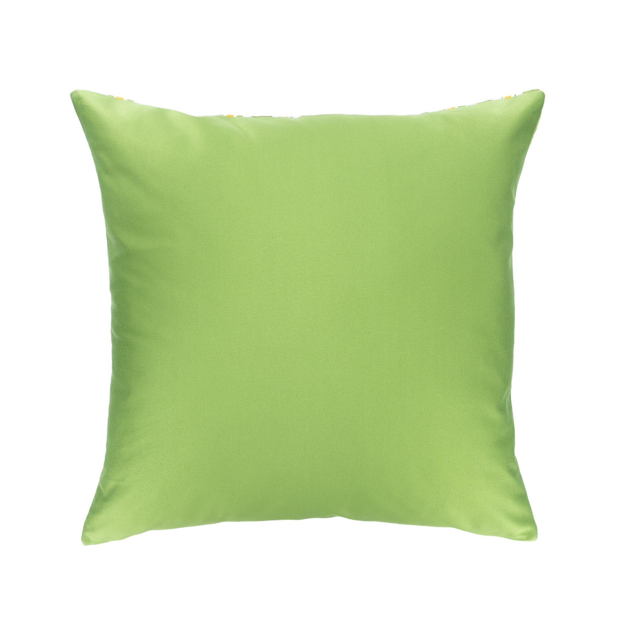 Premium construction silk velvet pillow in olive green with yellow centers, offering a luxurious texture.