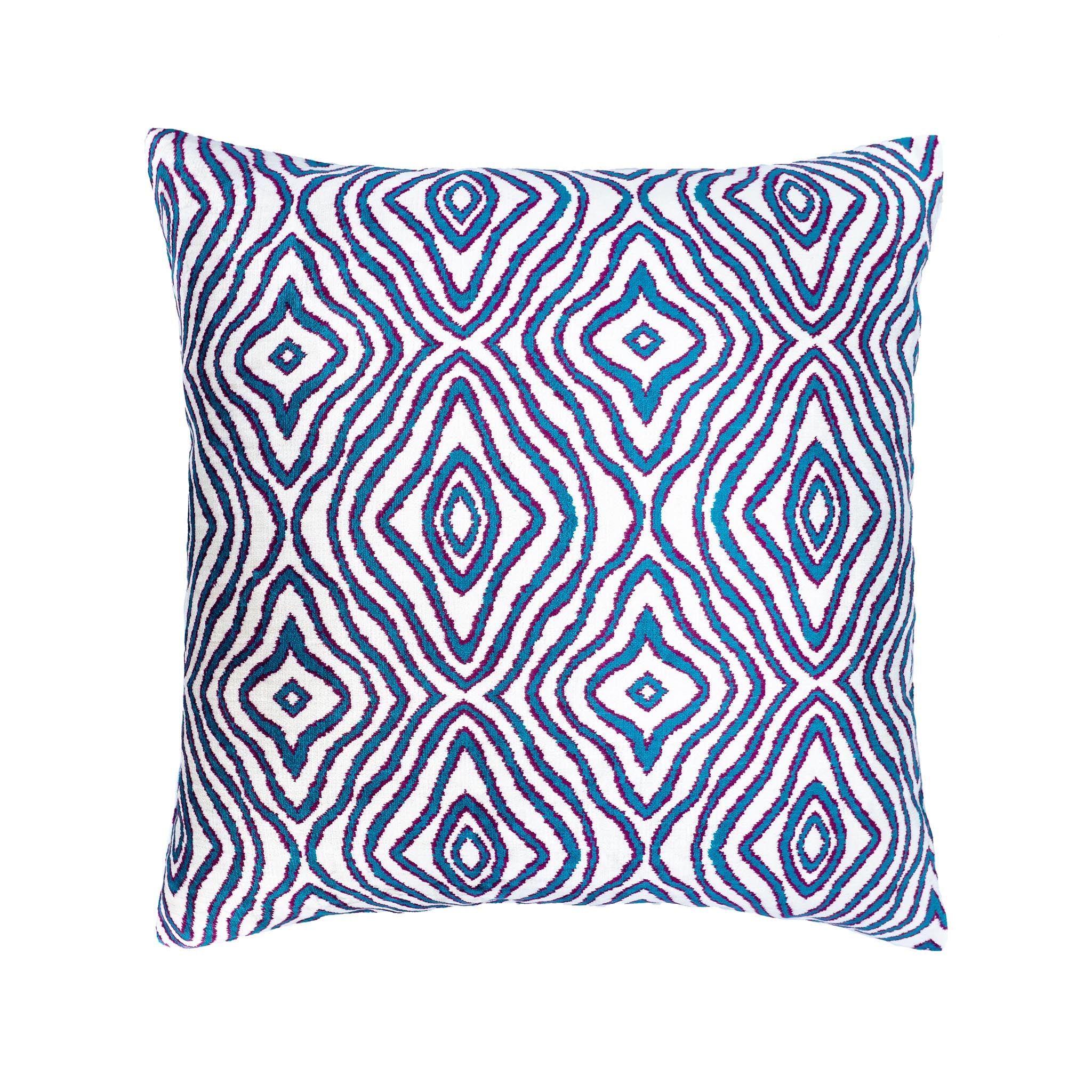 Rain Drops Silk Velvet Ikat Pillow featuring a mesmerizing ripple pattern in blue, purple, and white.
