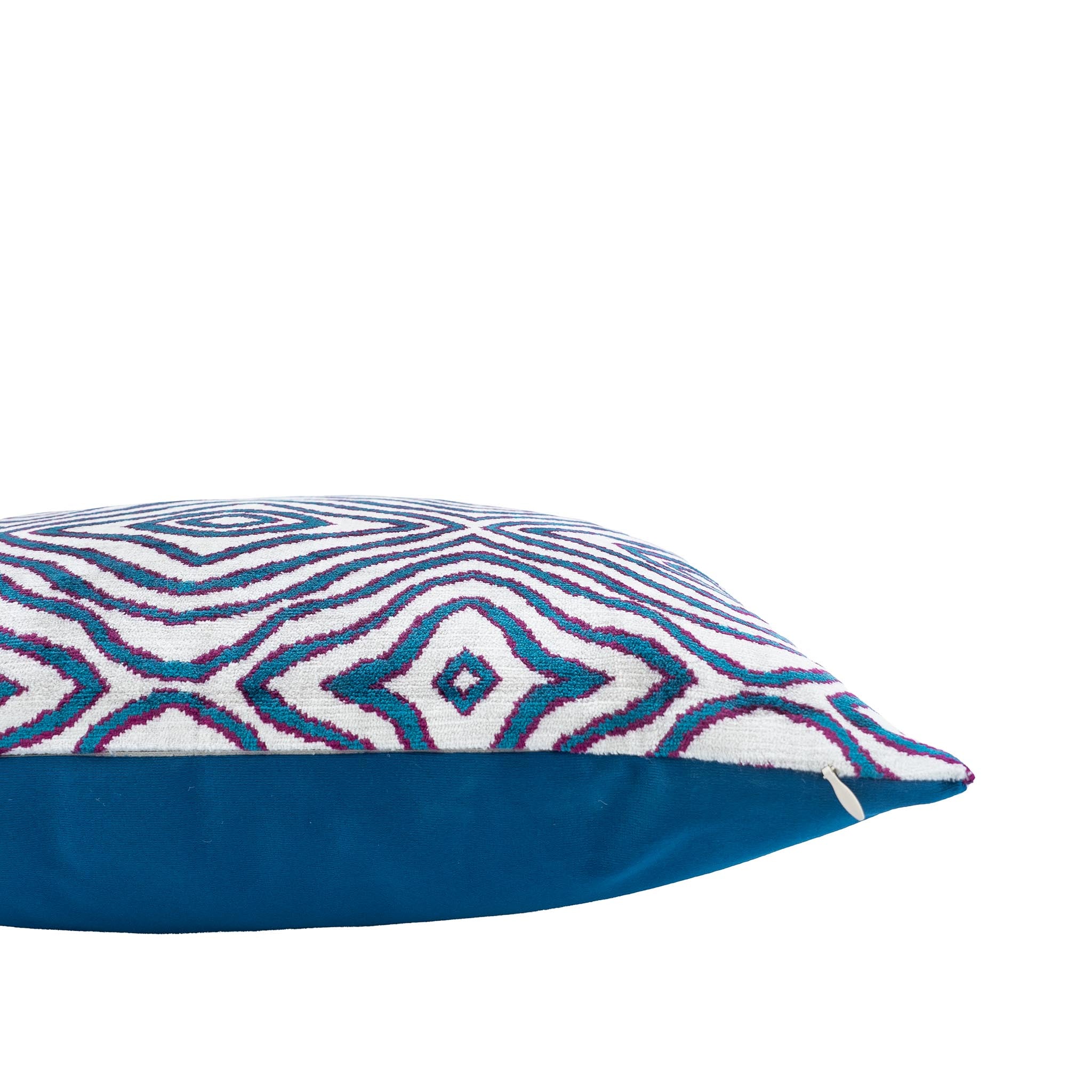 Handwoven silk velvet ikat pillow with an intricate layered diamond motif, 20x20 inches.