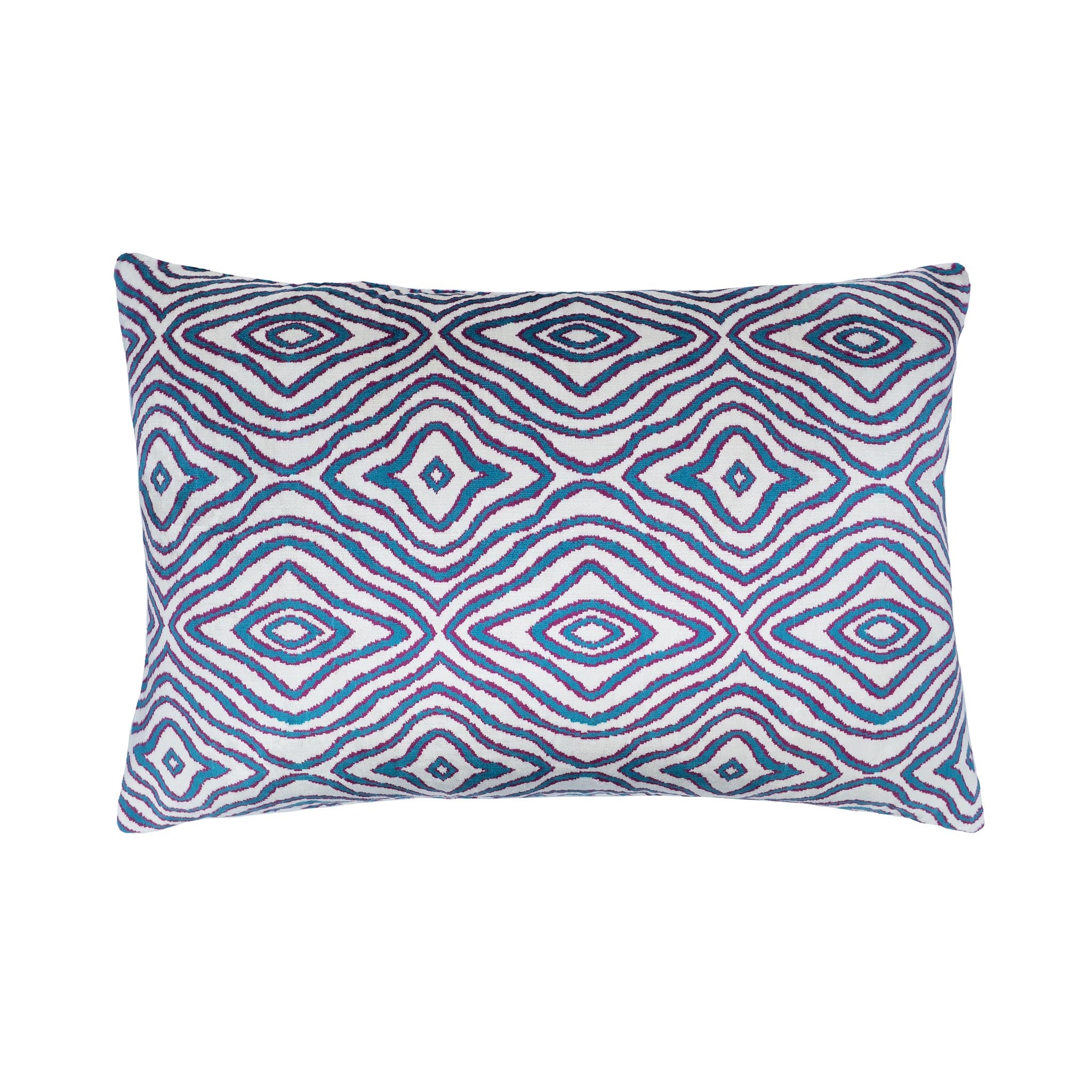 Rain Drops silk velvet ikat pillow in purple, blue, and white diamond pattern, 16x24.