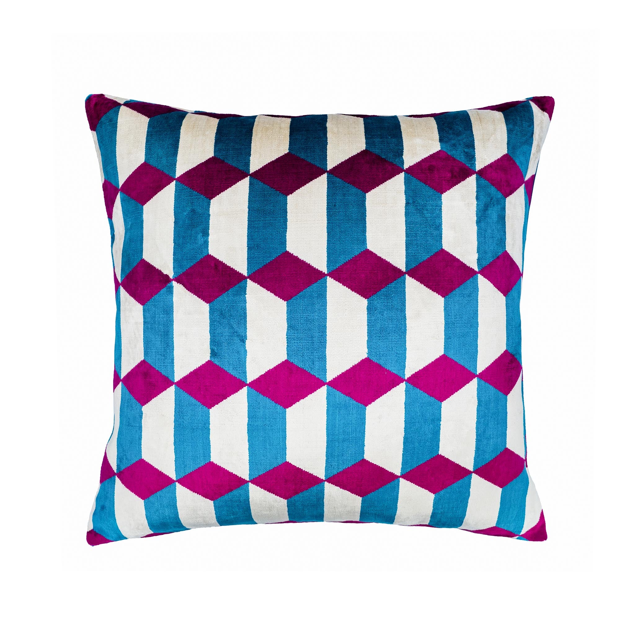 Raspberry Diamonds Silk Velvet Ikat Pillow featuring a geometric cube pattern in magenta, blue, and ivory, 20x20 inches.