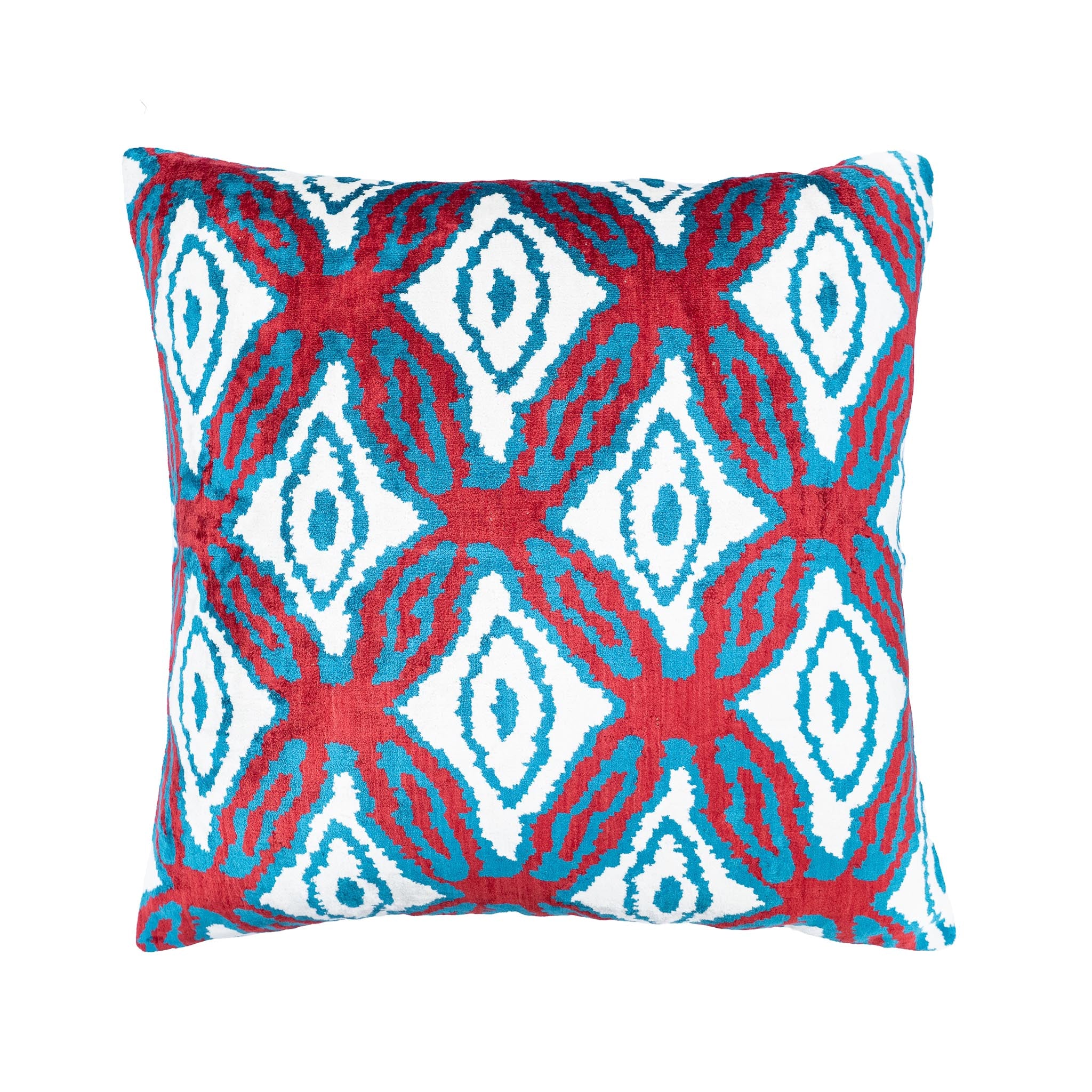 Rio Silk Velvet Ikat Pillow featuring a bold red, blue, and white geometric pattern, 20x20 inches.