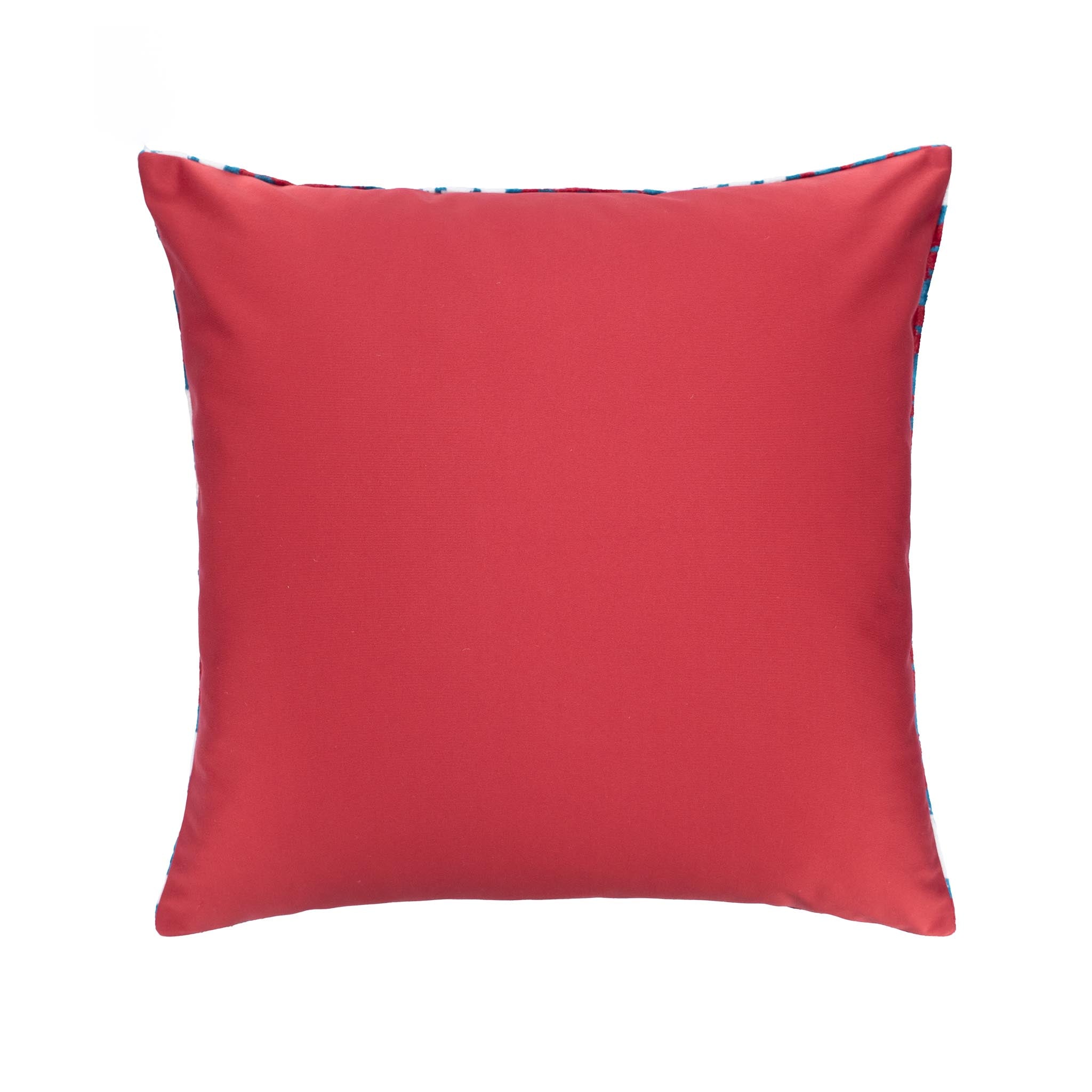 Square 20x20 Rio Silk Velvet Ikat Pillow with a striking diamond motif in rich red, blue, and white.