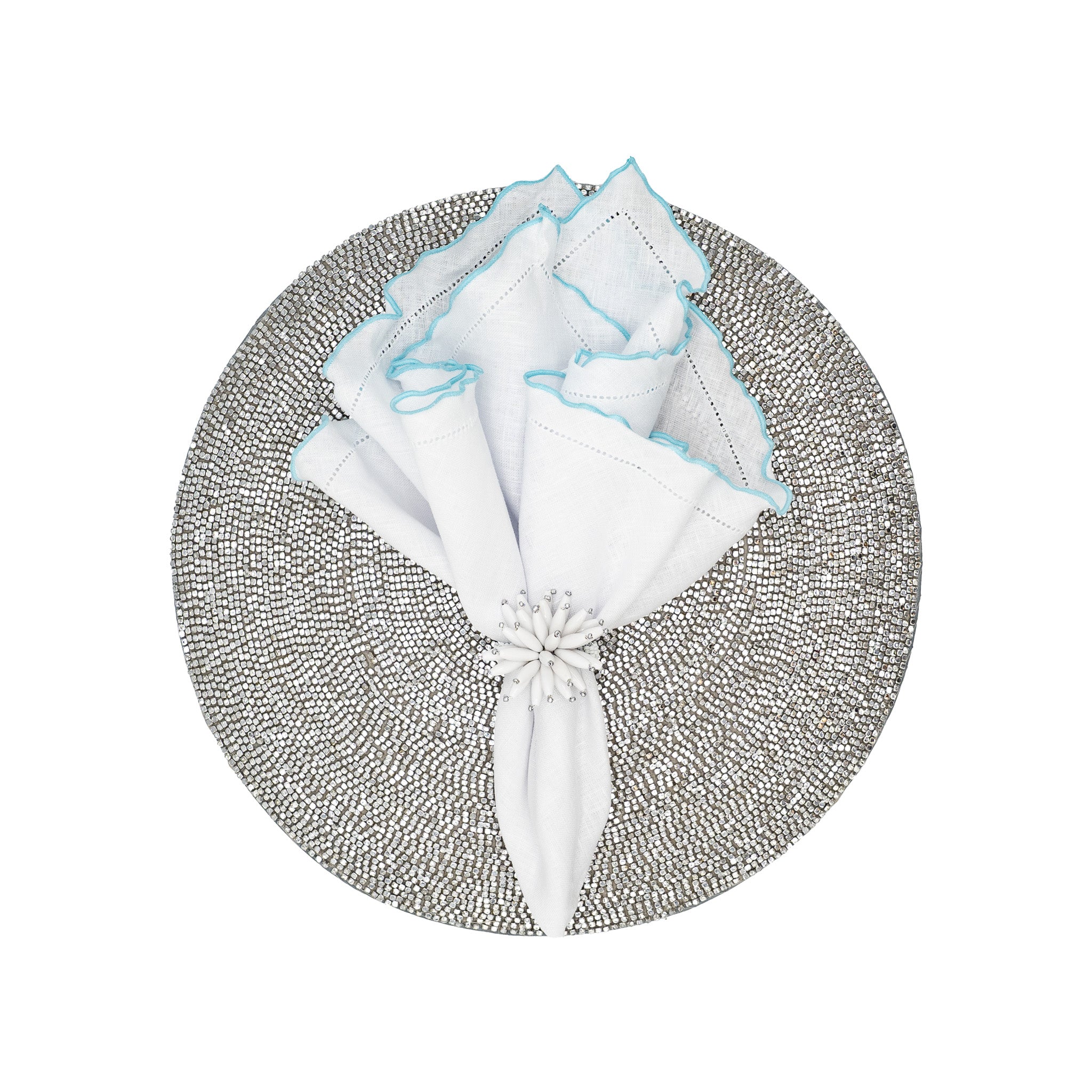 Set of 2 Silver Placemats, featuring luxurious glass beads backed with cotton lining for a durable and refined design.
