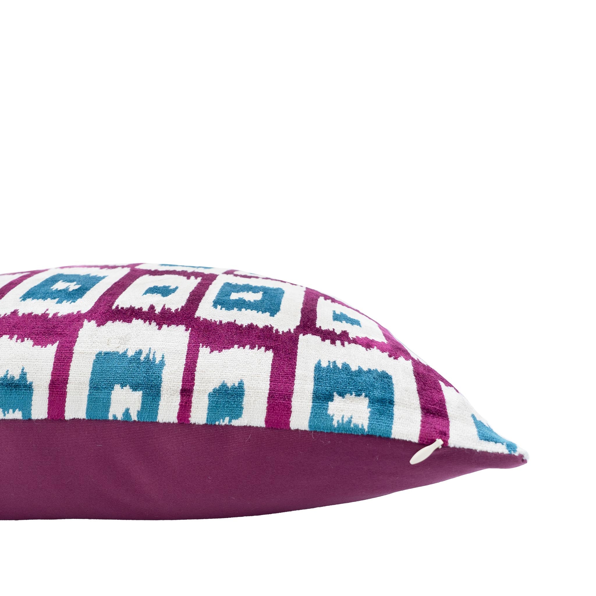 Modern square-patterned ikat pillow crafted from pure silk velvet, perfect for contemporary decor.