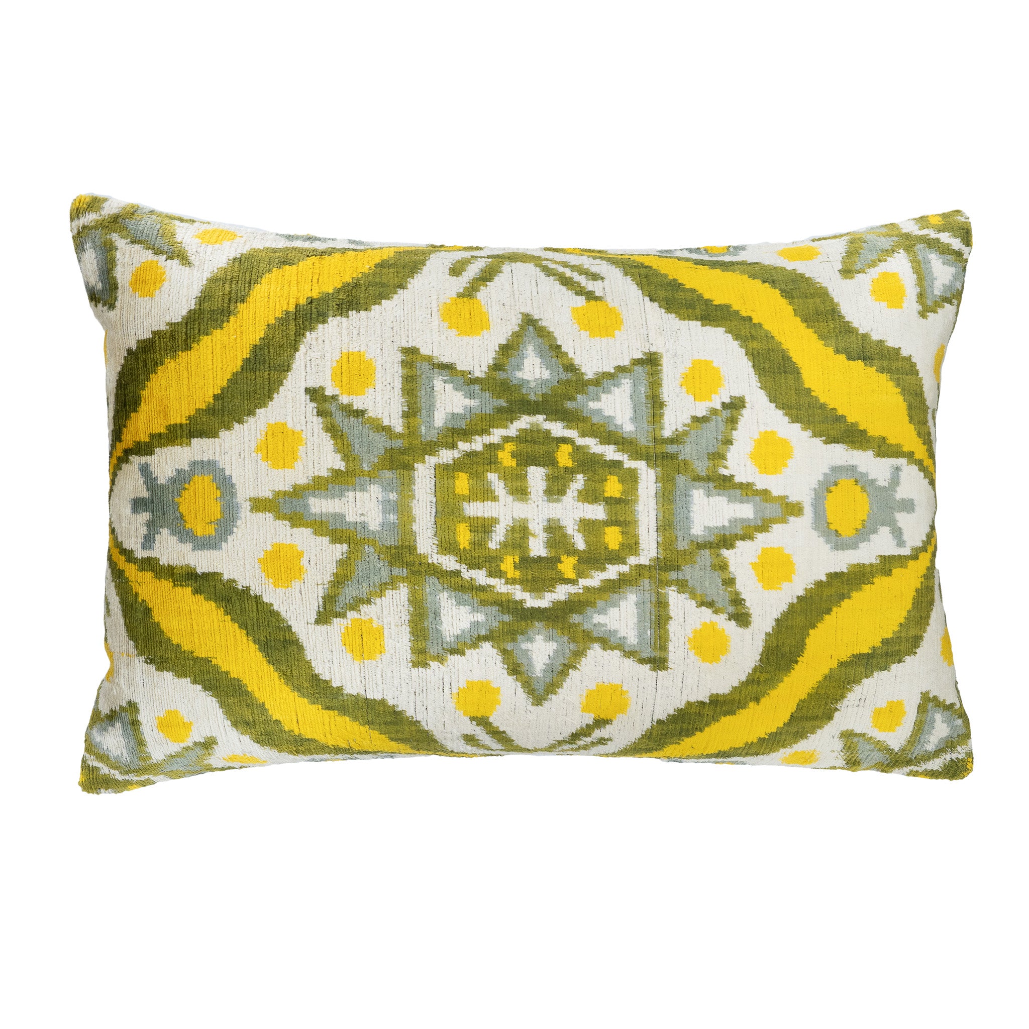 Star Silk Velvet Ikat Pillow Cover with an intricate handwoven geometric star design in yellow and green.