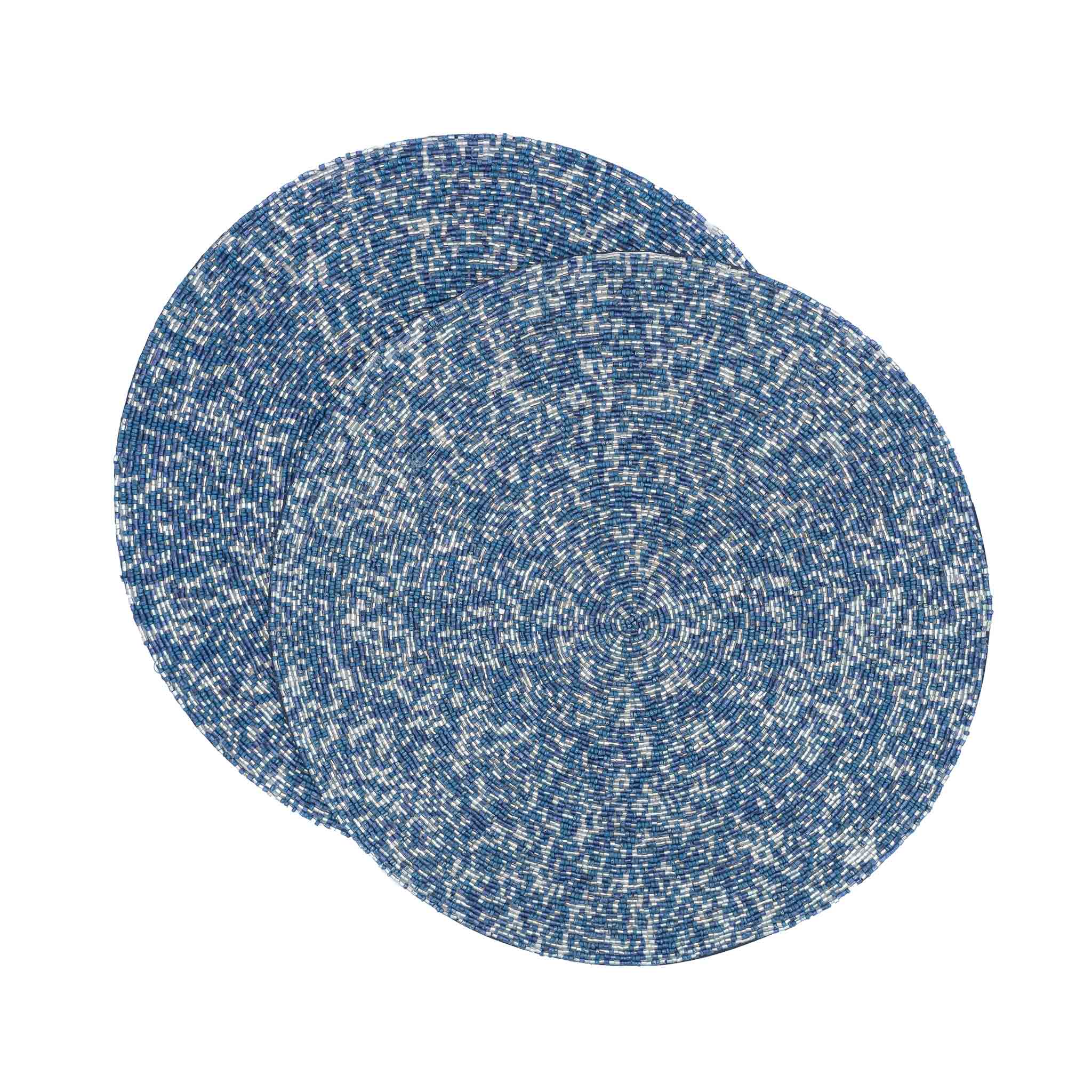 Close-up of Starlight Placemats with shiny navy and gold glass beads, perfect for a sophisticated dining experience.