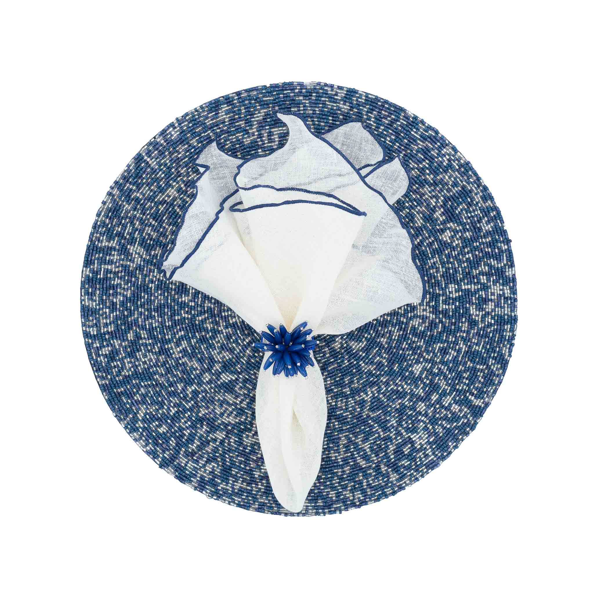Handmade Starlight Glass Beaded Placemats, adorned with luminous navy and gold beads backed with cotton lining.