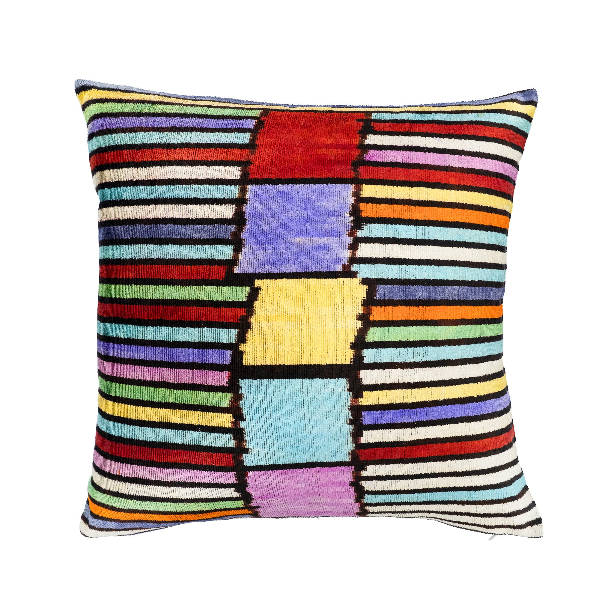 Striking multicolor silk velvet ikat pillow featuring vibrant vertical and horizontal stripes, 20x20 inches.