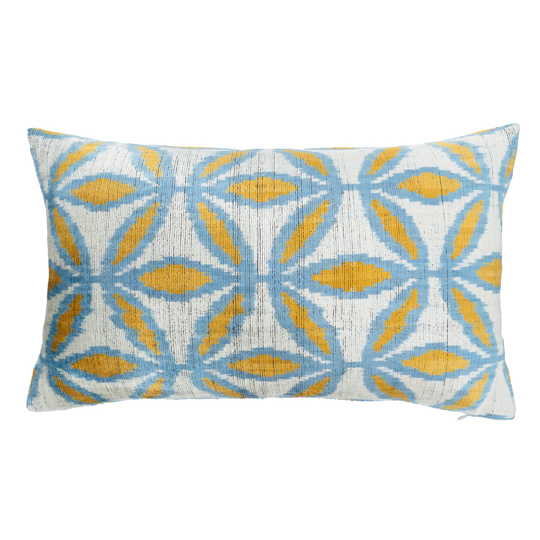 Sunflower Silk Velvet Ikat Pillow featuring a geometric floral motif in golden yellow and soft blue.