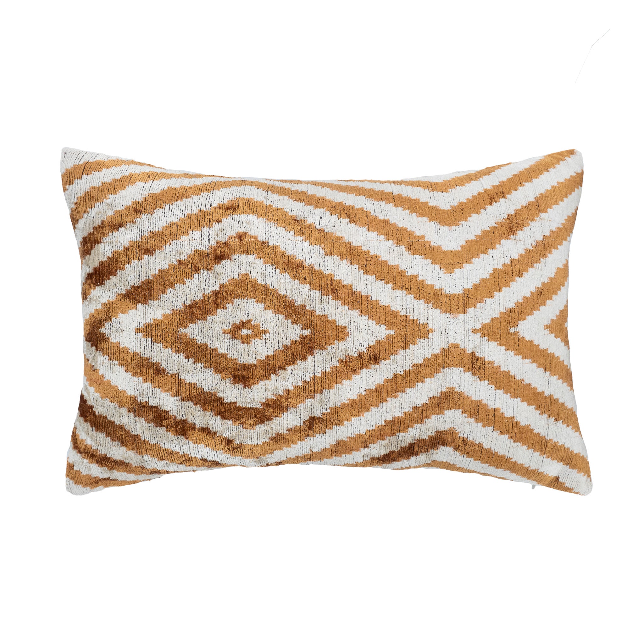 Tibet ikat throw pillow in warm amber and ivory silk velvet with diamond pattern.