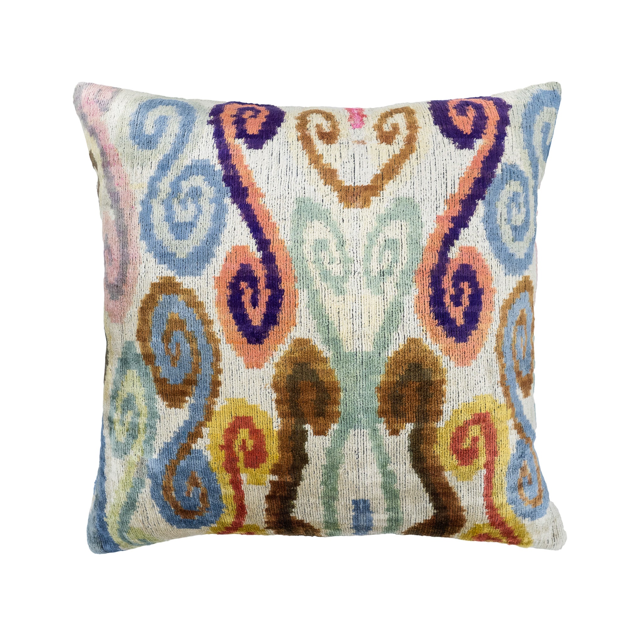 Valentine Silk Velvet Ikat Pillow with a multicolor swirling pattern, 20x20 inches.