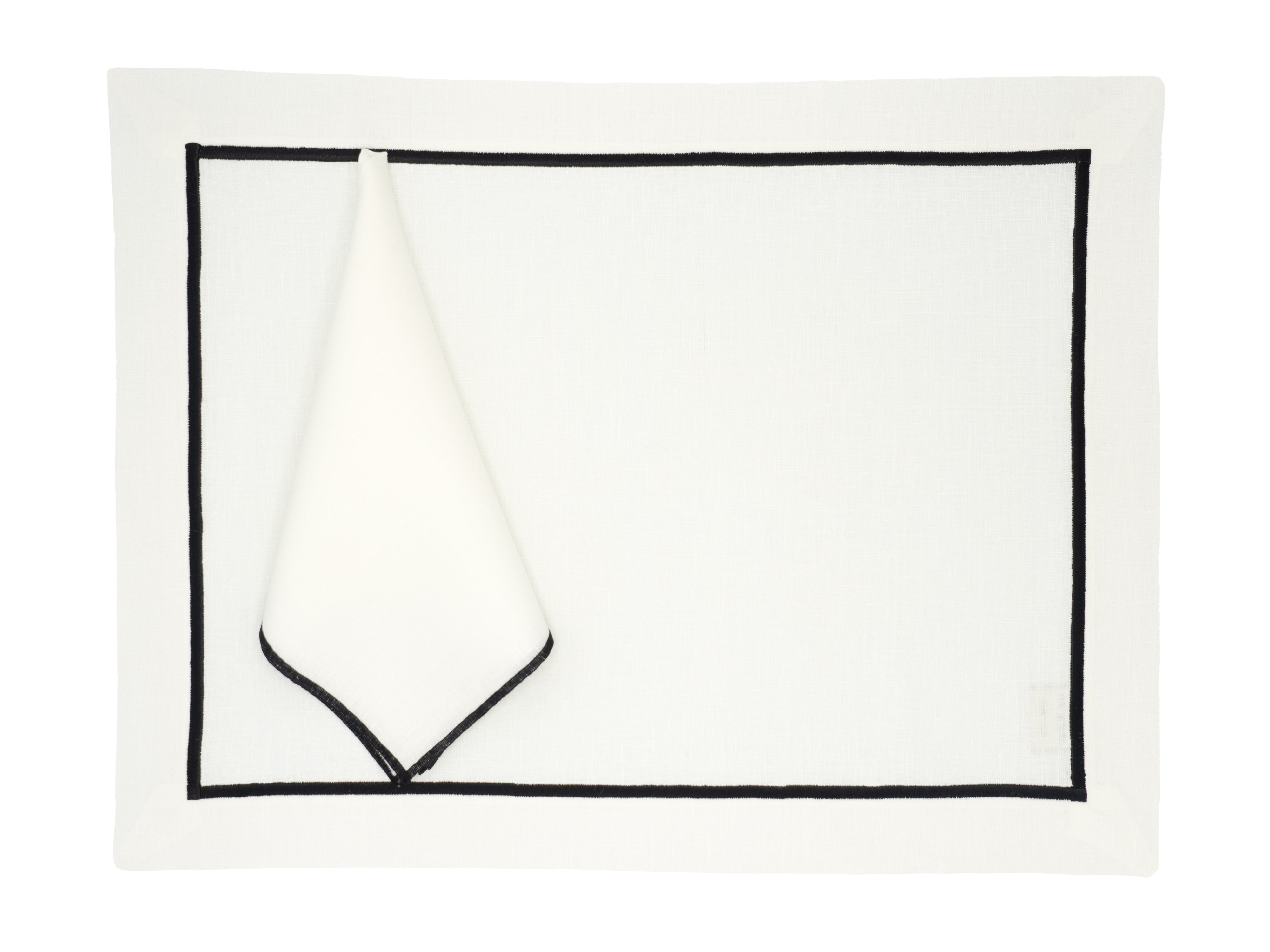 Linen placemats with black stitched borders, crafted for durability and elegance, designed to enhance your table decor.