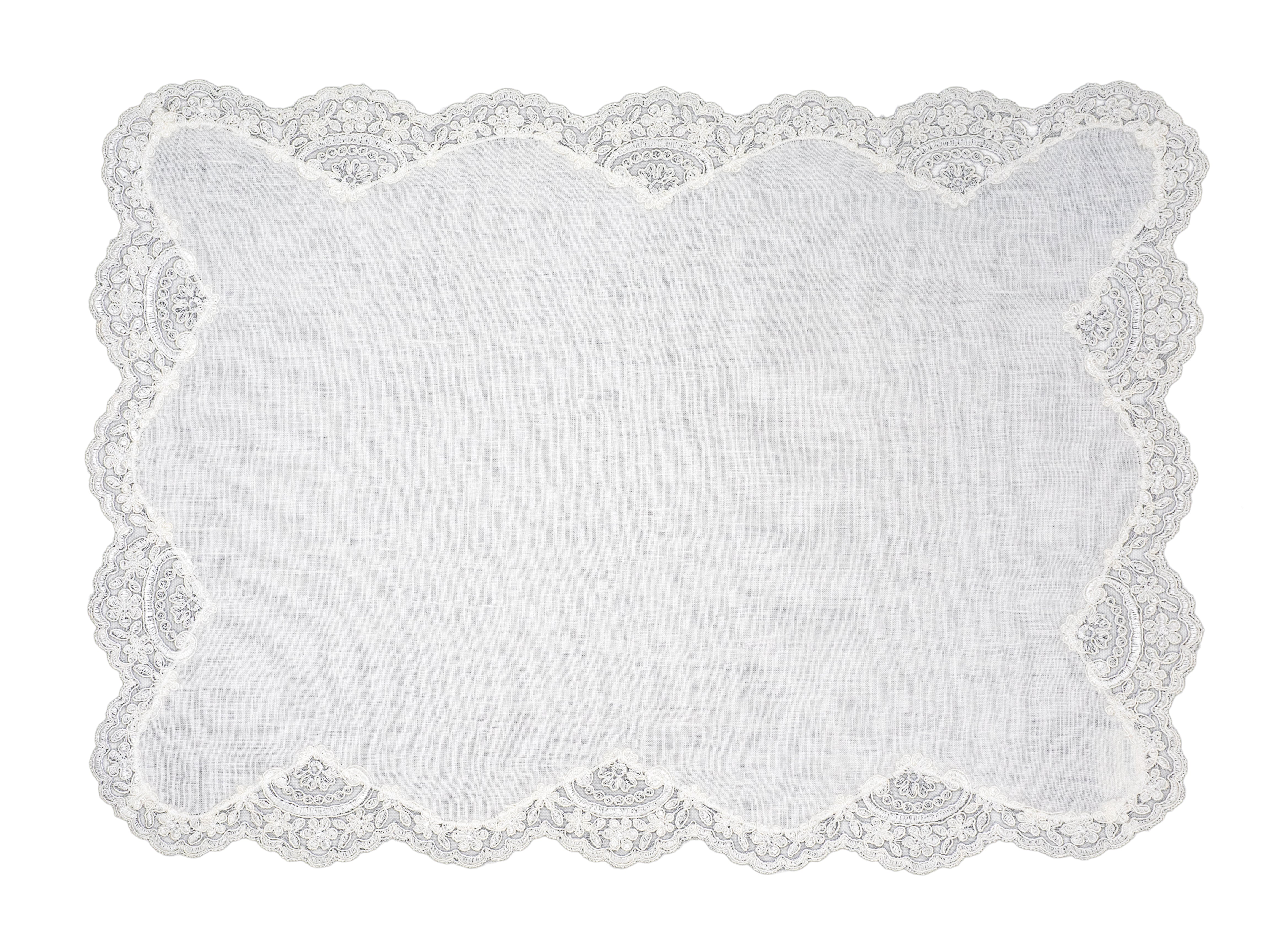 Chouchou Touch white linen placemats with lace borders, set of 4, handmade from 100% high-quality linen for elegant table settings.