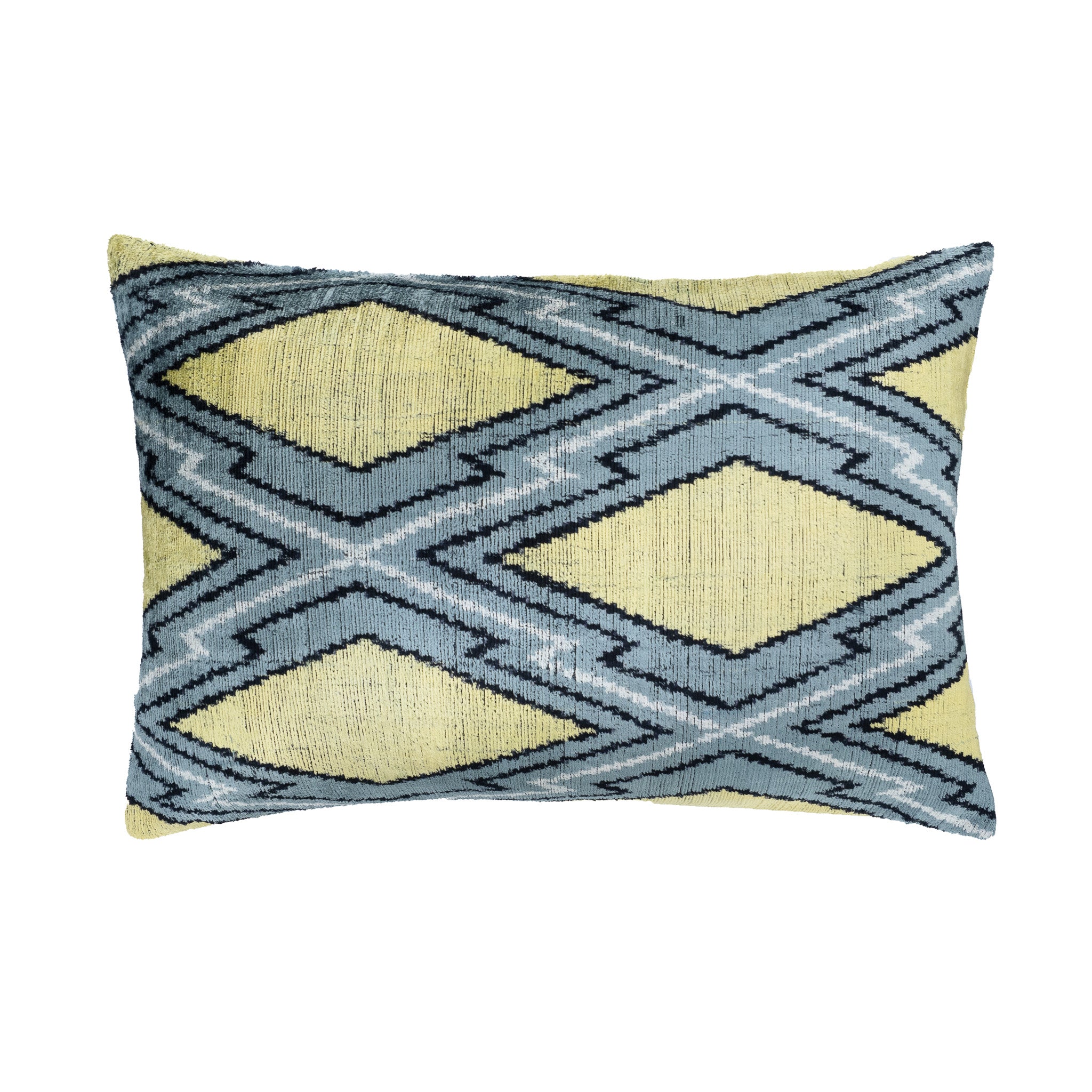 Yellow Diamond Silk Velvet Ikat Pillow Cover with a geometric diamond pattern in blue and yellow tones.