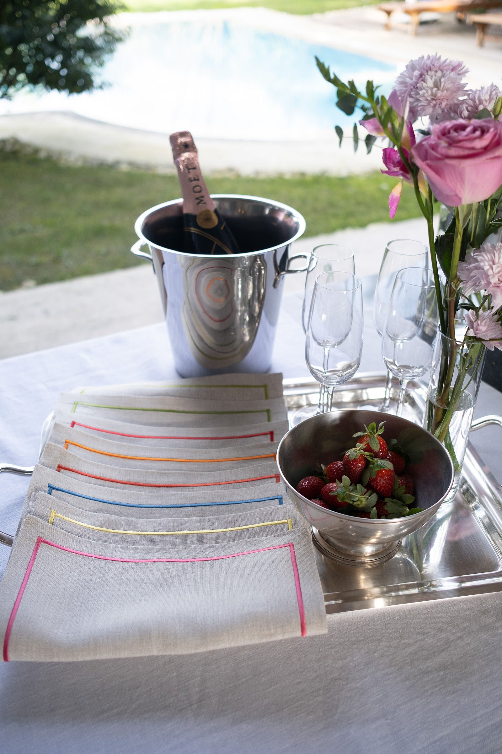 Versatile linen cocktail napkins available in multiple colors, ideal for adding a pop of color to your tabletop decor.