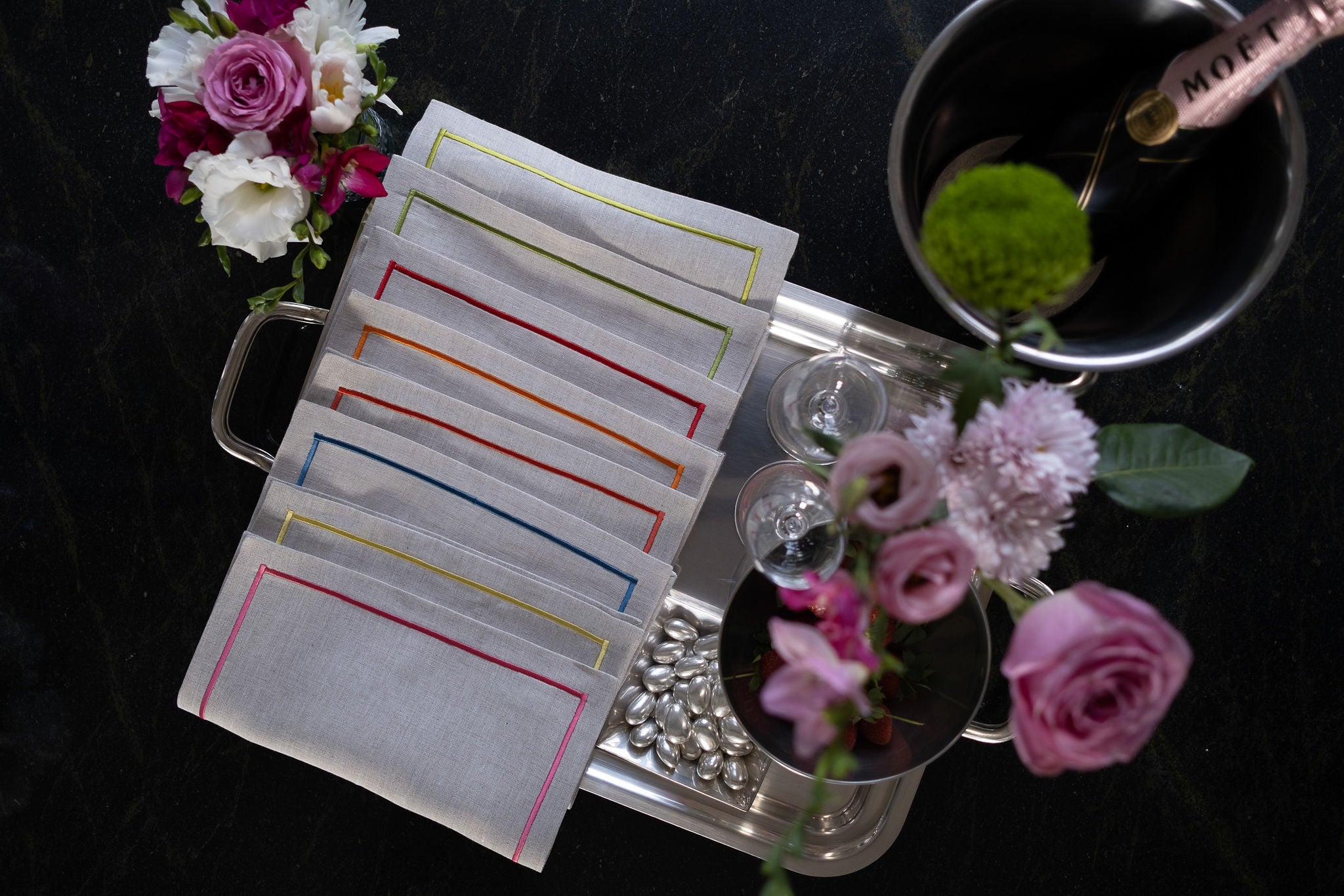 Chouchou Touch handmade linen cocktail napkins featuring embroidery, perfect for elevating both special events and everyday meals.