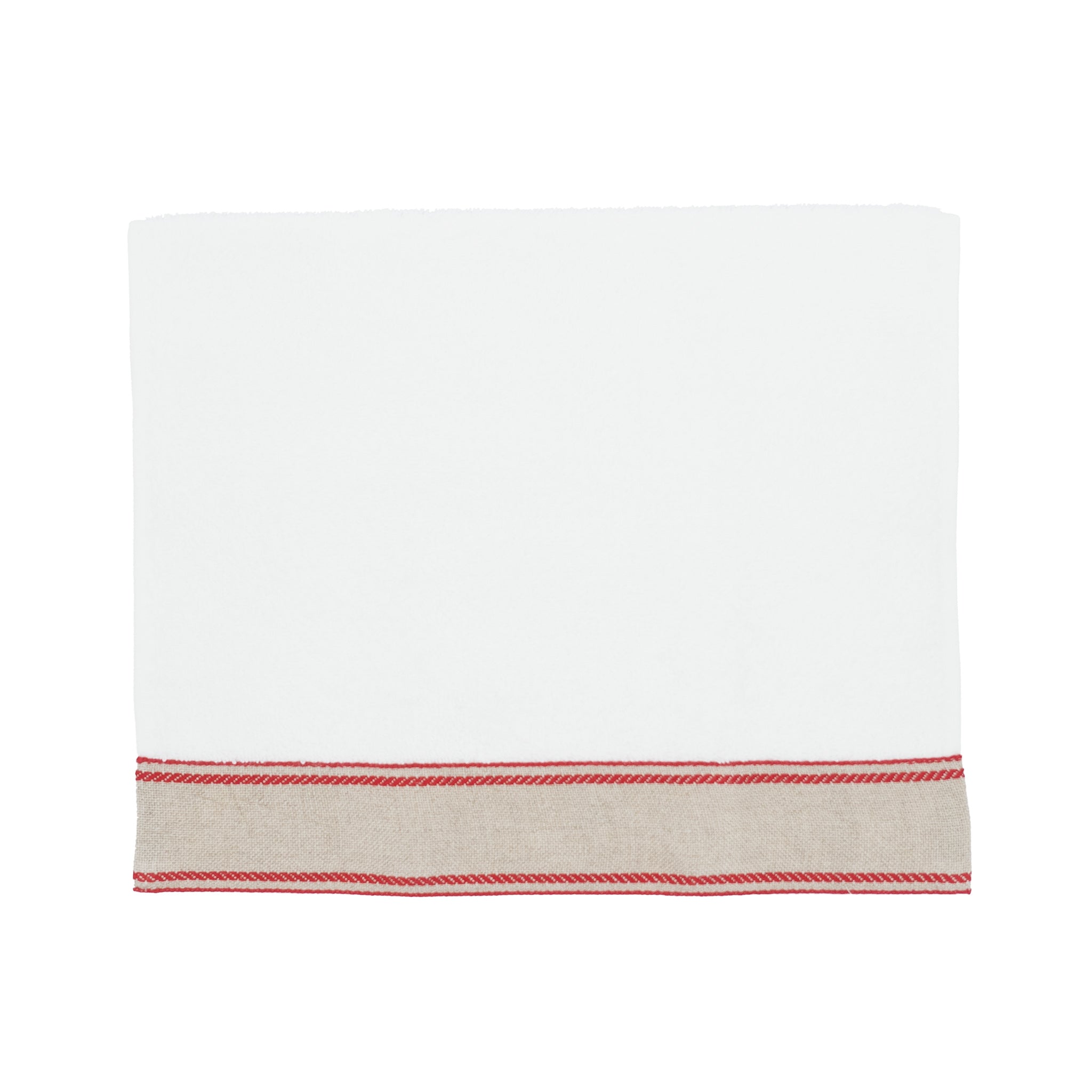 White Turkish cotton guest towels with red chain borders, set of 2.